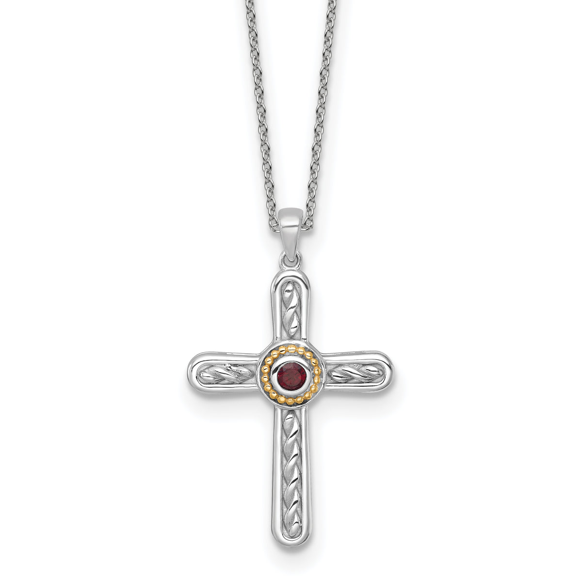 Shey Couture Sterling Silver Rhodium-plated with 14k Accent Round Garnet Textured Cross 18 inch with 2 inch Extension Necklace
