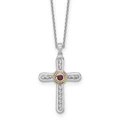 Shey Couture Sterling Silver Rhodium-plated with 14k Accent Round Garnet Textured Cross 18 inch with 2 inch Extension Necklace