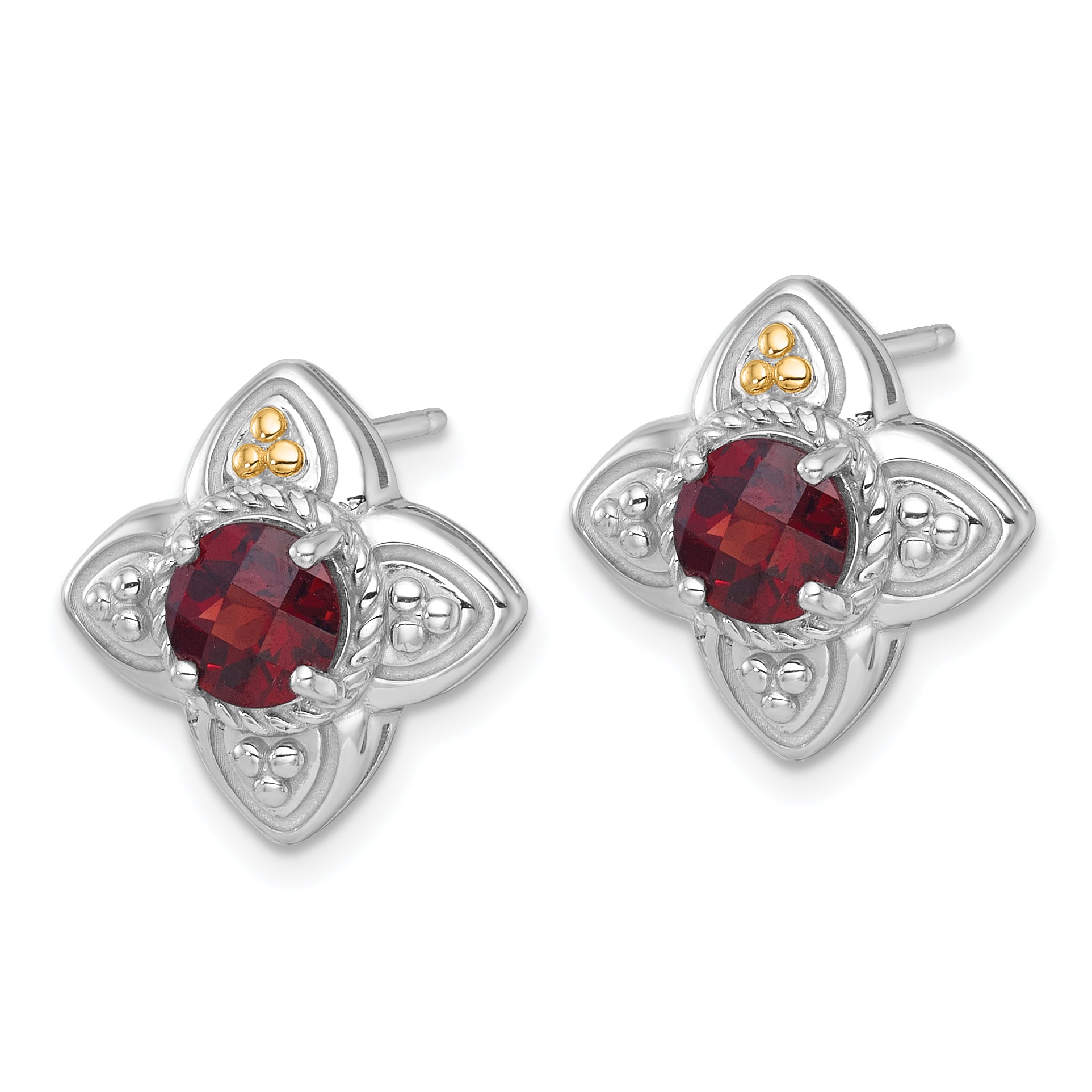 Shey Couture Sterling Silver Rhodium-plated with 14k Accent Round Garnet Flower Post Earrings Secondary image