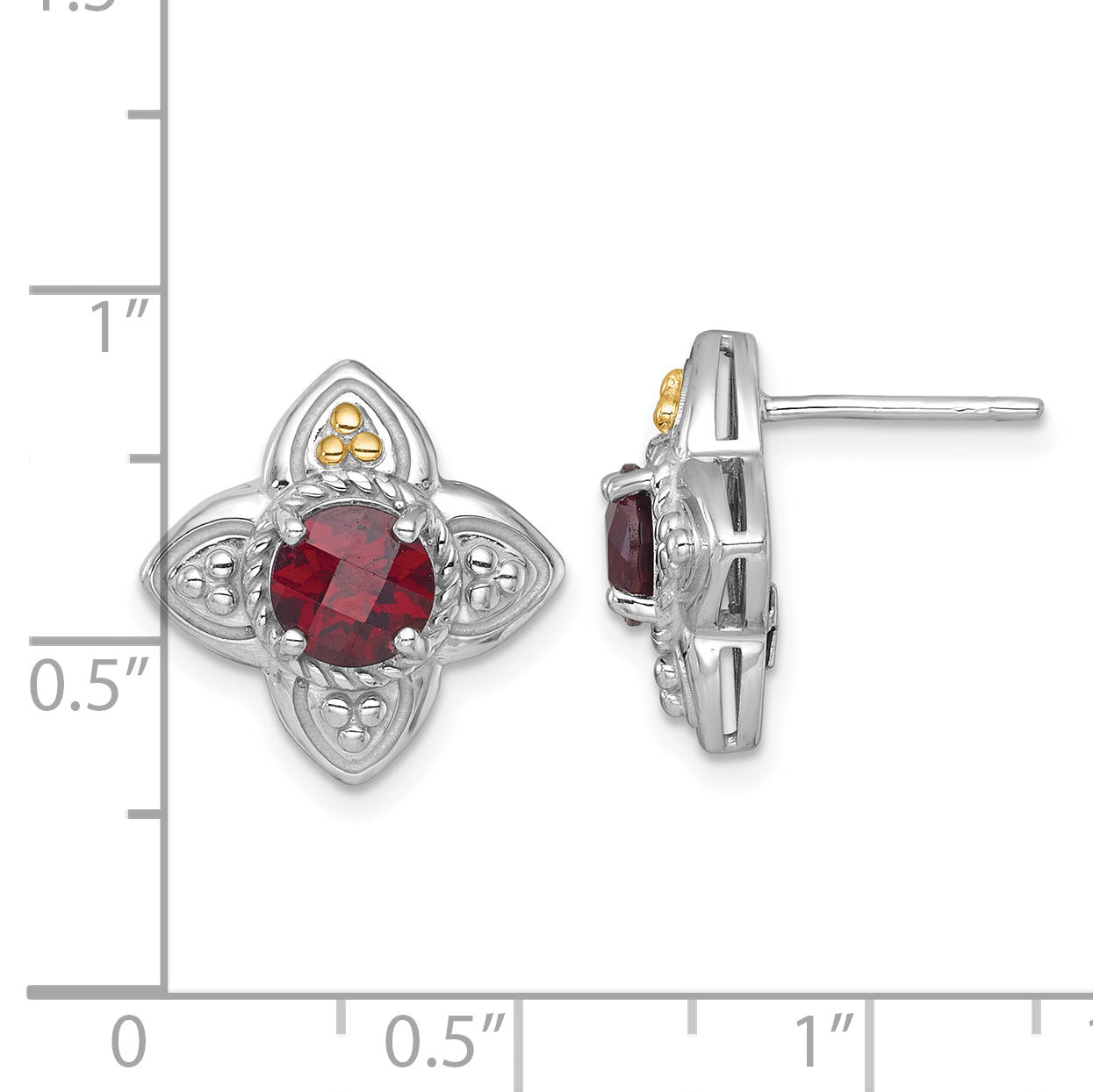 Shey Couture Sterling Silver Rhodium-plated with 14k Accent Round Garnet Flower Post Earrings