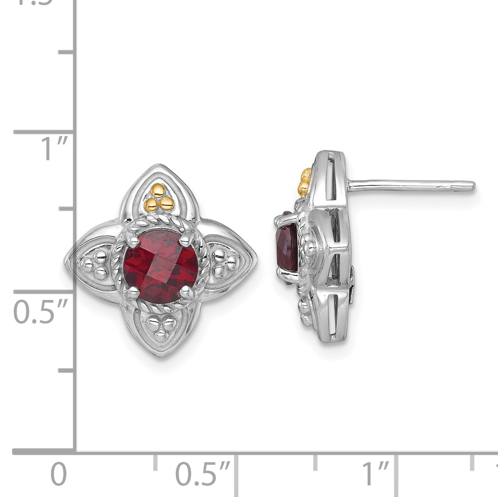 Shey Couture Sterling Silver Rhodium-plated with 14k Accent Round Garnet Flower Post Earrings