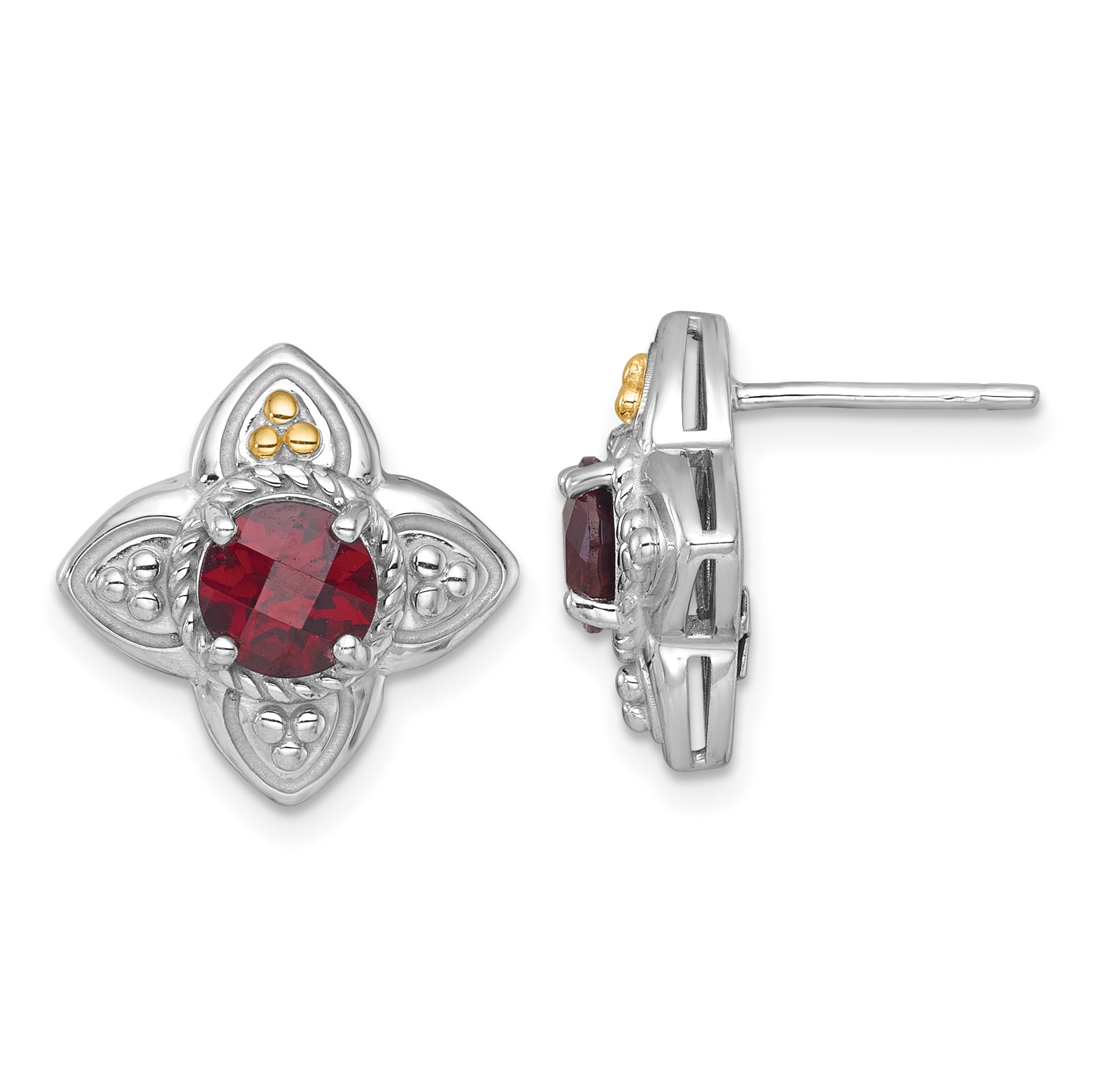 Shey Couture Sterling Silver Rhodium-plated with 14k Accent Round Garnet Flower Post Earrings Main image