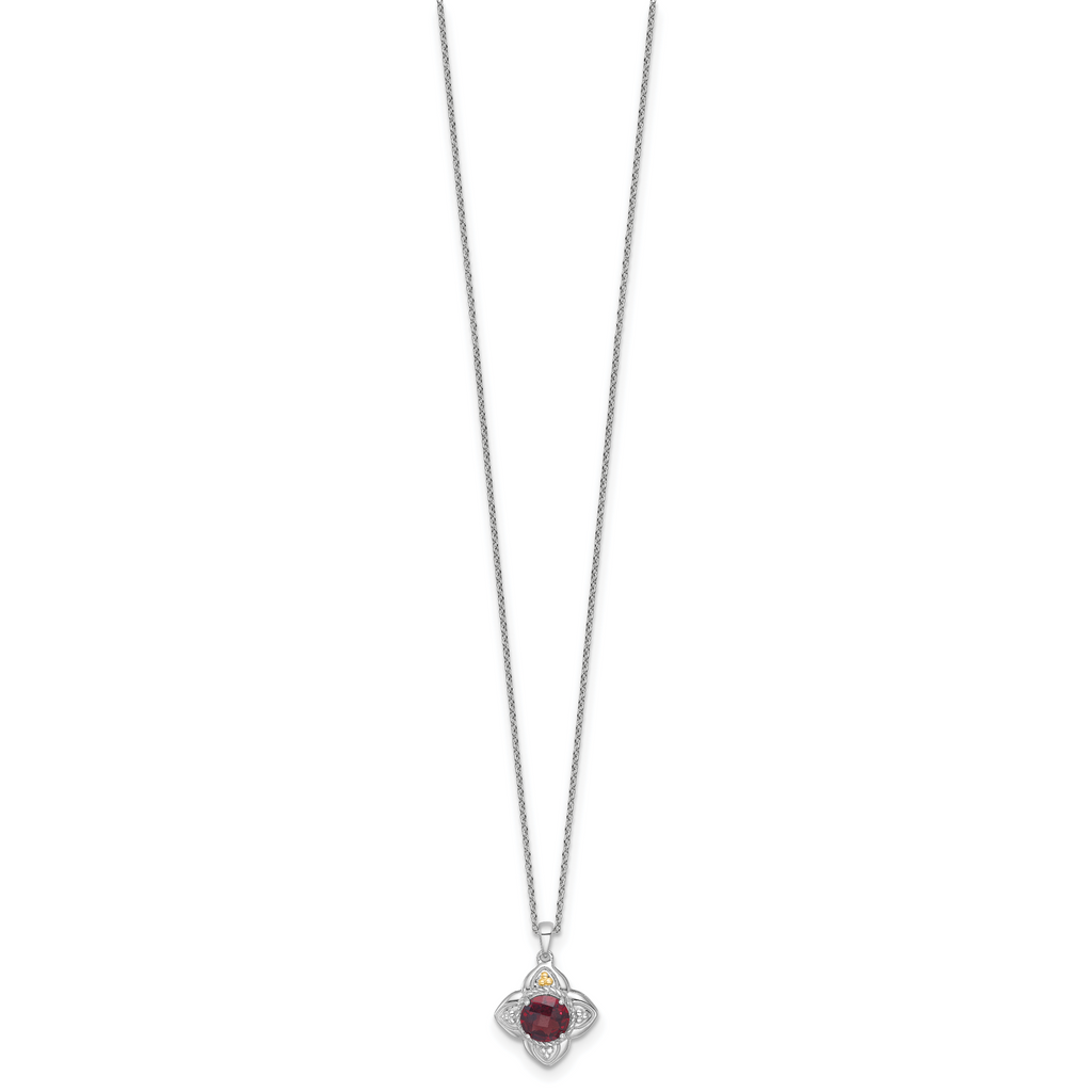 Shey Couture Sterling Silver Rhodium-plated with 14k Accent Round Garnet Flower 18 inch with 2 inch Extension Necklace