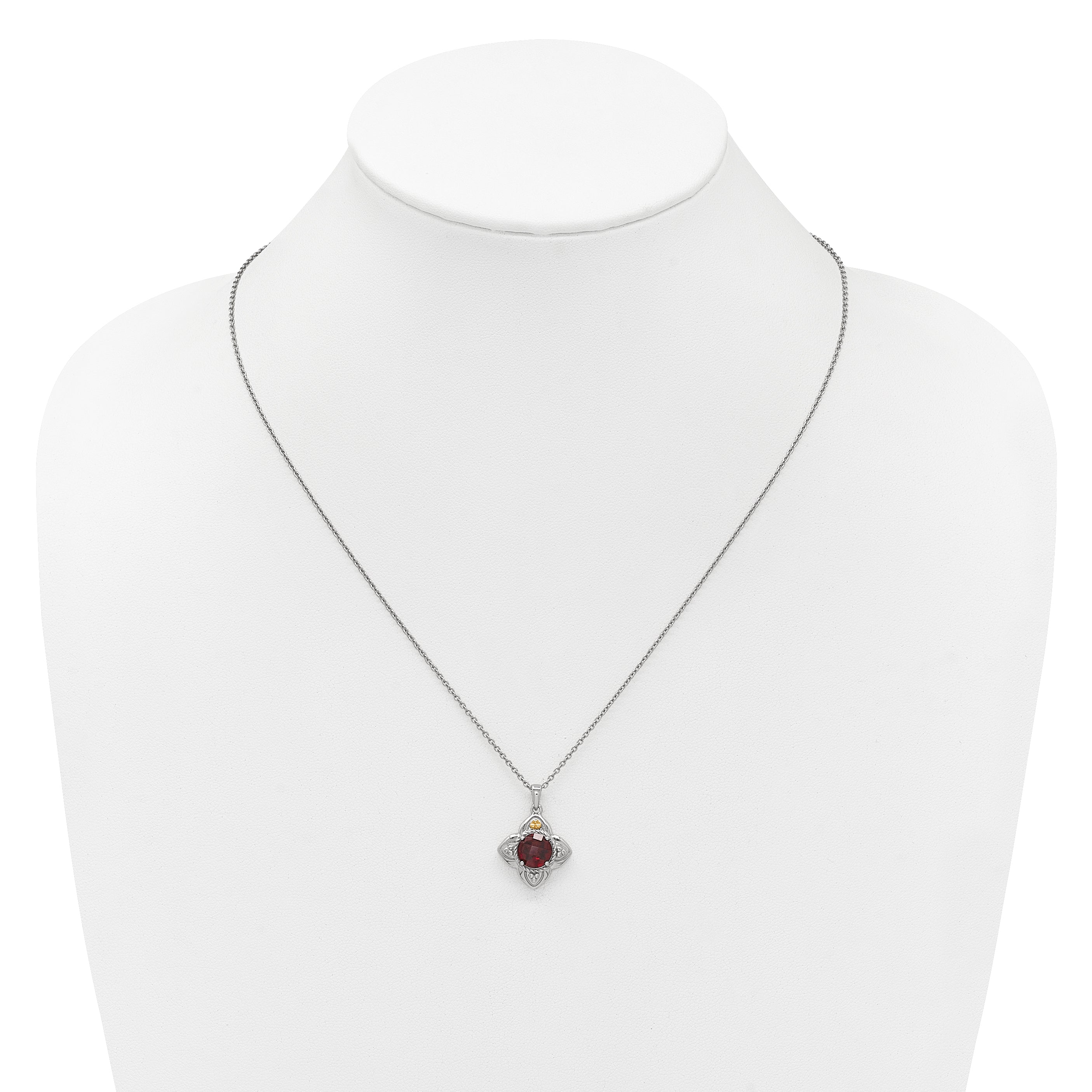 Shey Couture Sterling Silver Rhodium-plated with 14k Accent Round Garnet Flower 18 inch with 2 inch Extension Necklace