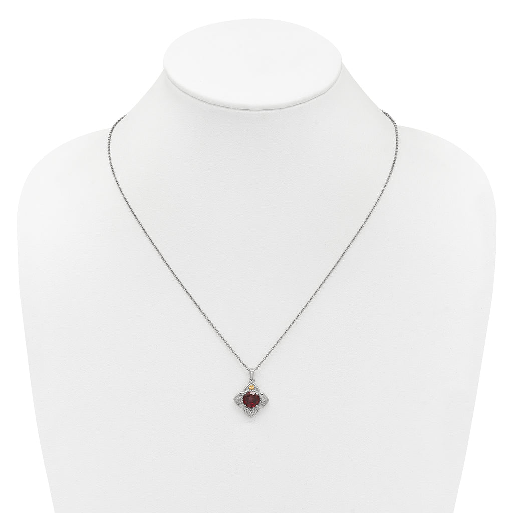 Shey Couture Sterling Silver Rhodium-plated with 14k Accent Round Garnet Flower 18 inch with 2 inch Extension Necklace
