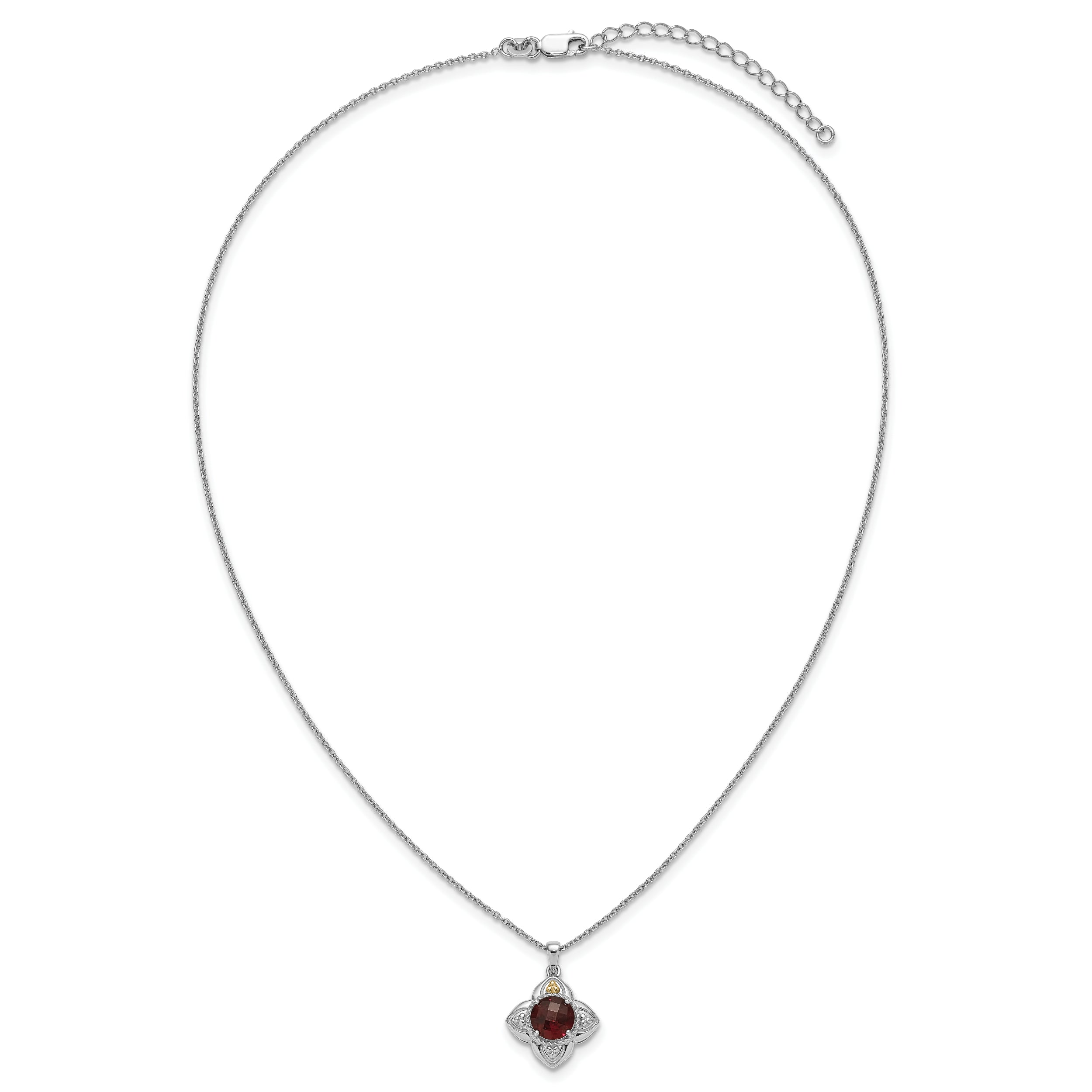 Shey Couture Sterling Silver Rhodium-plated with 14k Accent Round Garnet Flower 18 inch with 2 inch Extension Necklace