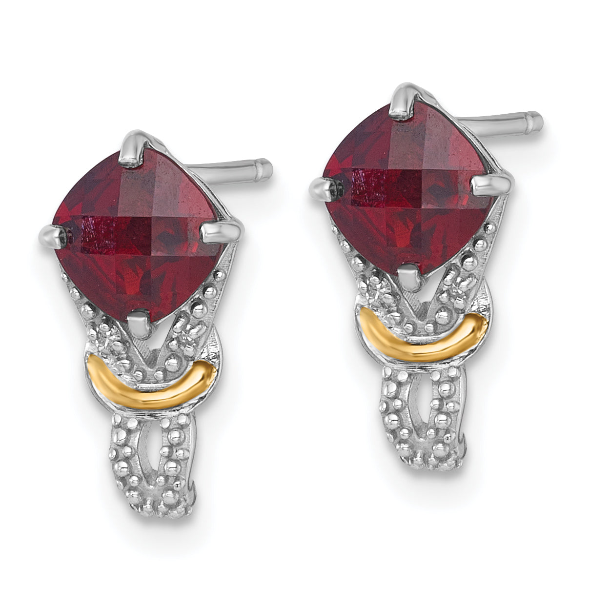 Shey Couture Sterling Silver Rhodium-plated with 14k Accent Checker-cut Cushion Garnet and .02ct. Diamond Post Earrings Secondary image