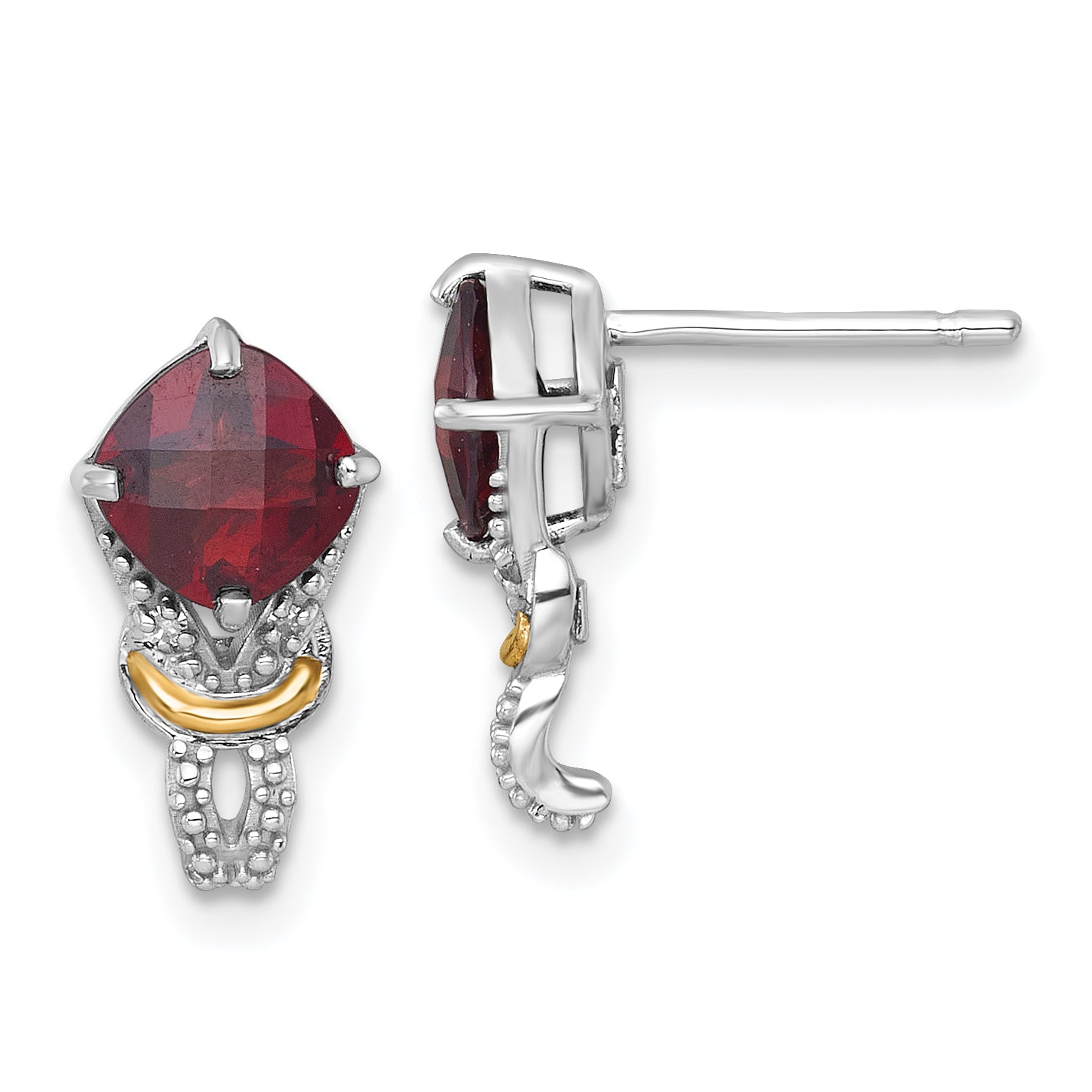 Shey Couture Sterling Silver Rhodium-plated with 14k Accent Checker-cut Cushion Garnet and .02ct. Diamond Post Earrings Main image