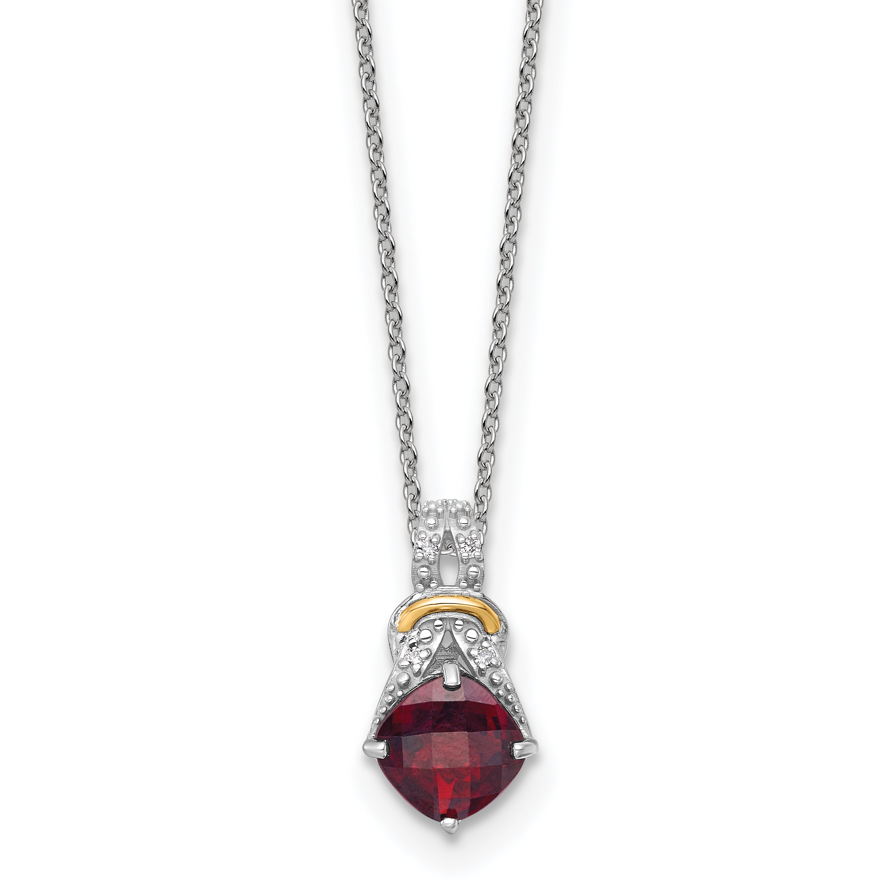 Shey Couture Sterling Silver Rhodium-plated with 14k Accent Checker Cushion Garnet and .04ct. Diamond 18 inch w/2 inch Extension Necklace