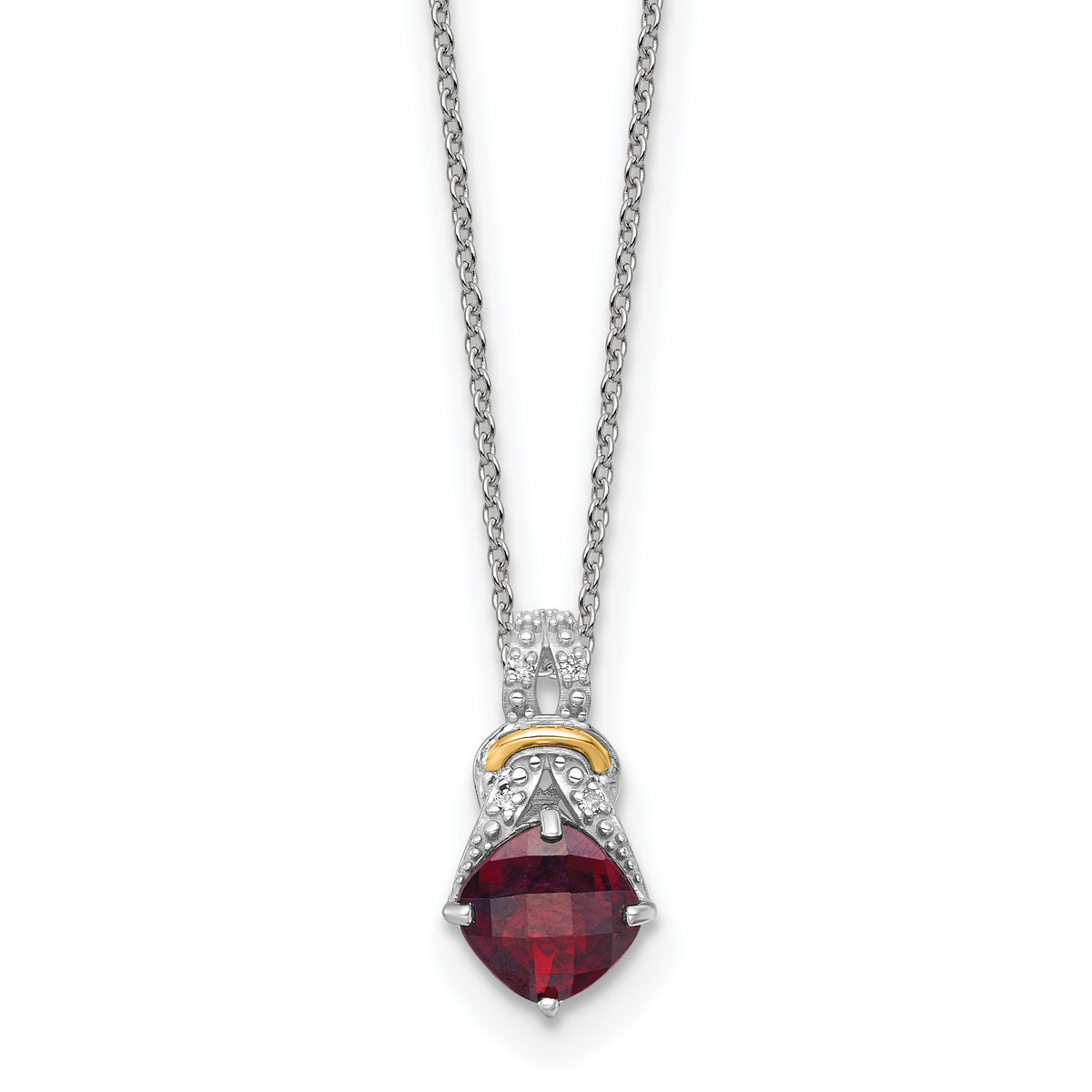 Shey Couture Sterling Silver Rhodium-plated with 14k Accent Checker Cushion Garnet and .04ct. Diamond 18 inch w/2 inch Extension Necklace