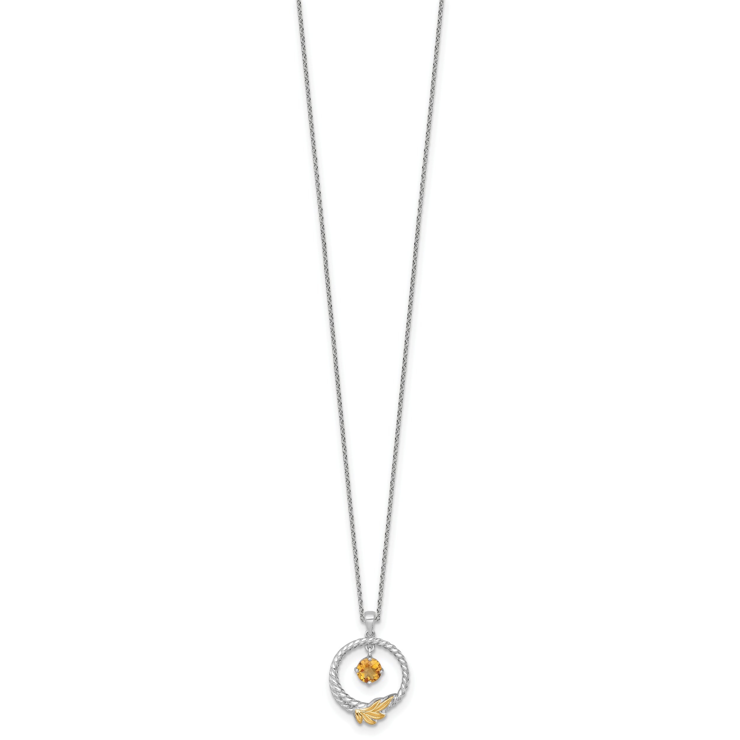 Shey Couture Sterling Silver Rhodium-plated Twisted Circle with 14k Leaf Accent Round Citrine Dangle 18 inch with 2 inch Extension Necklace