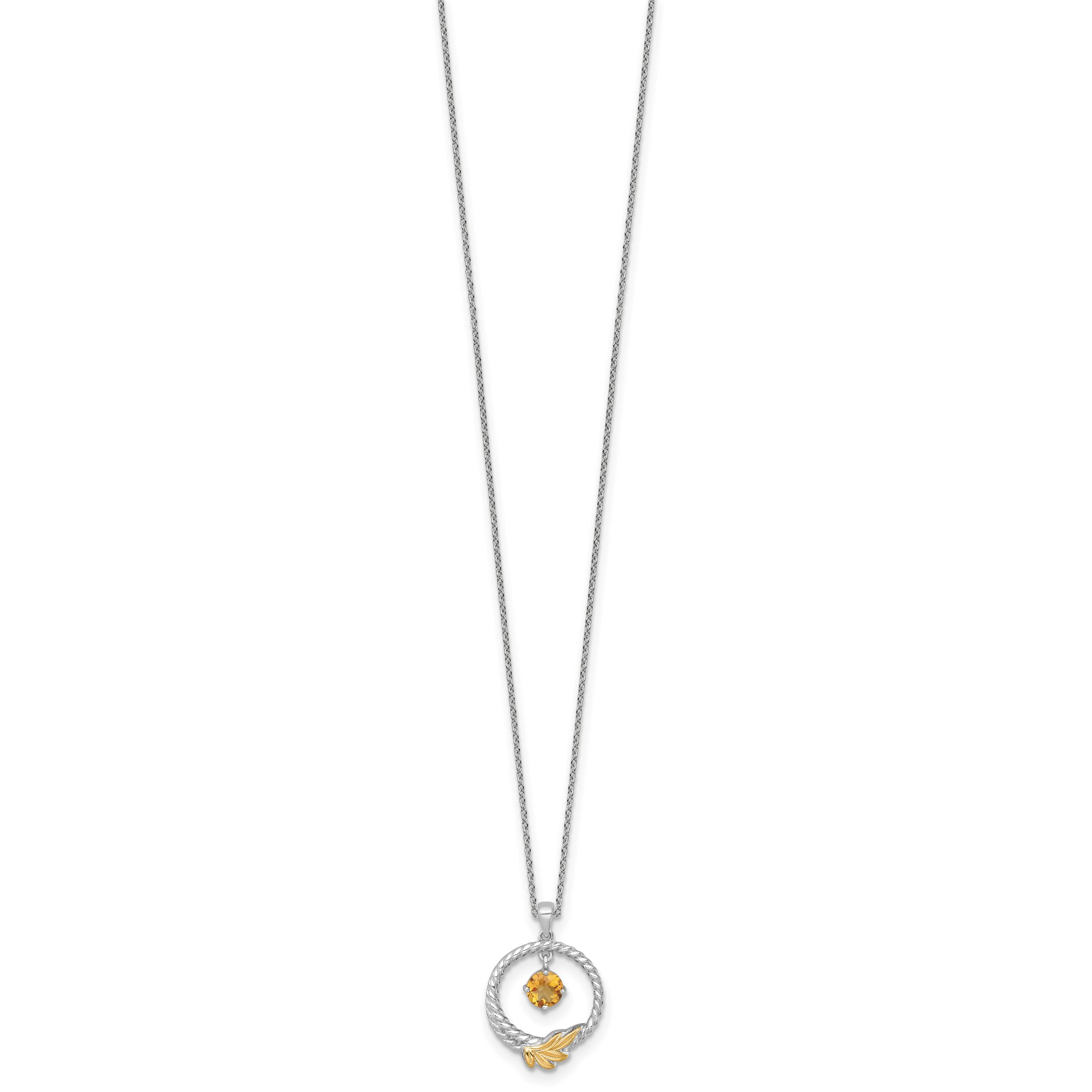 Shey Couture Sterling Silver Rhodium-plated Twisted Circle with 14k Leaf Accent Round Citrine Dangle 18 inch with 2 inch Extension Necklace Secondary image