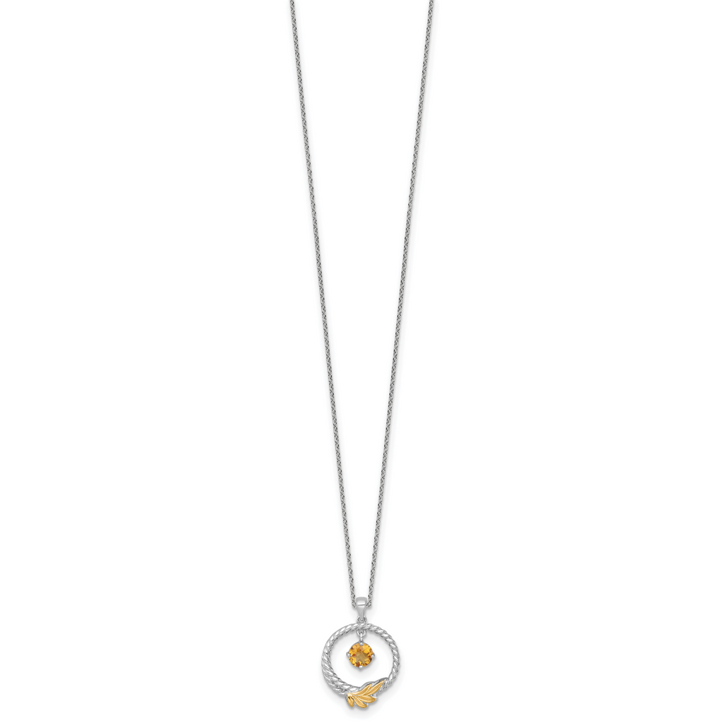 Shey Couture Sterling Silver Rhodium-plated Twisted Circle with 14k Leaf Accent Round Citrine Dangle 18 inch with 2 inch Extension Necklace