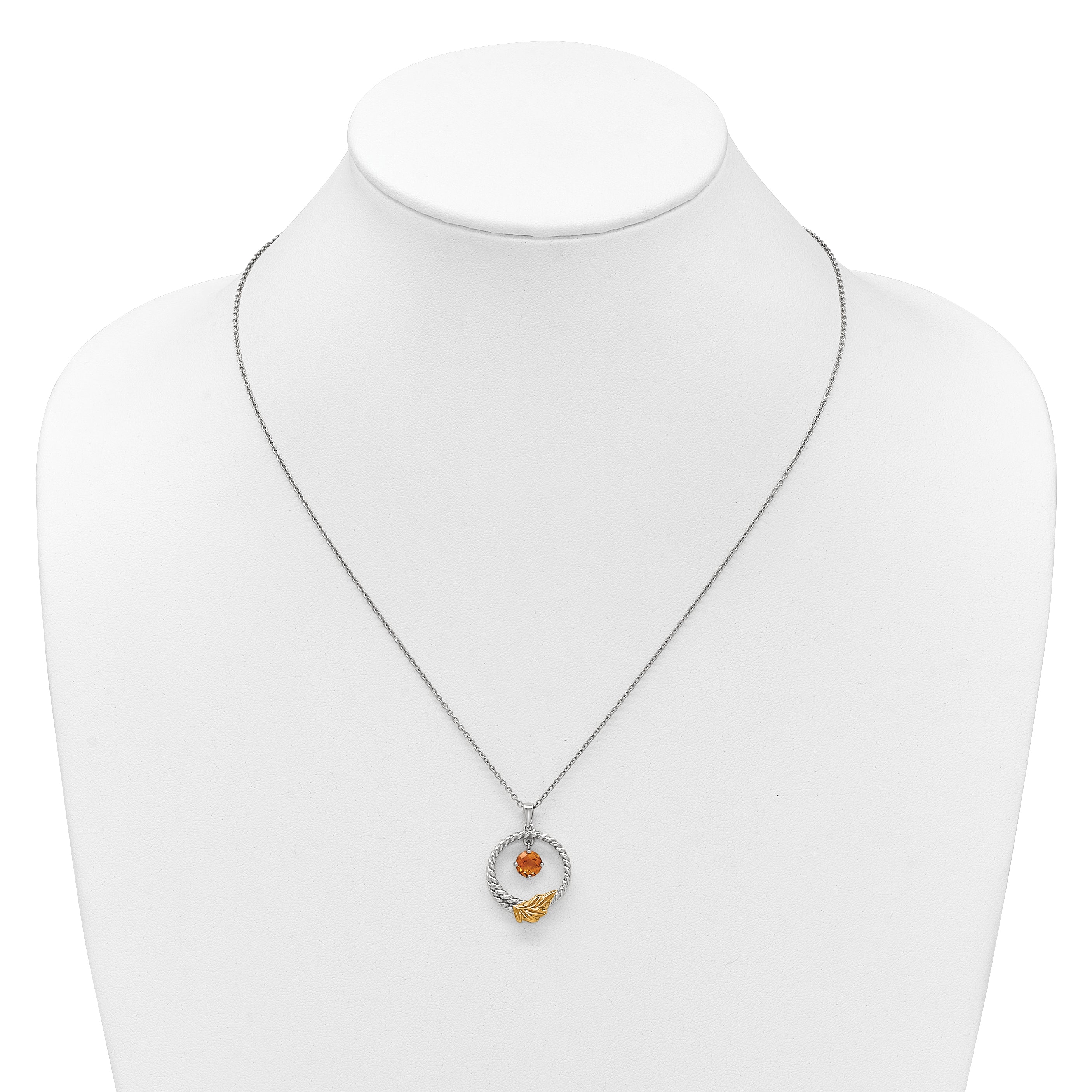 Shey Couture Sterling Silver Rhodium-plated Twisted Circle with 14k Leaf Accent Round Citrine Dangle 18 inch with 2 inch Extension Necklace