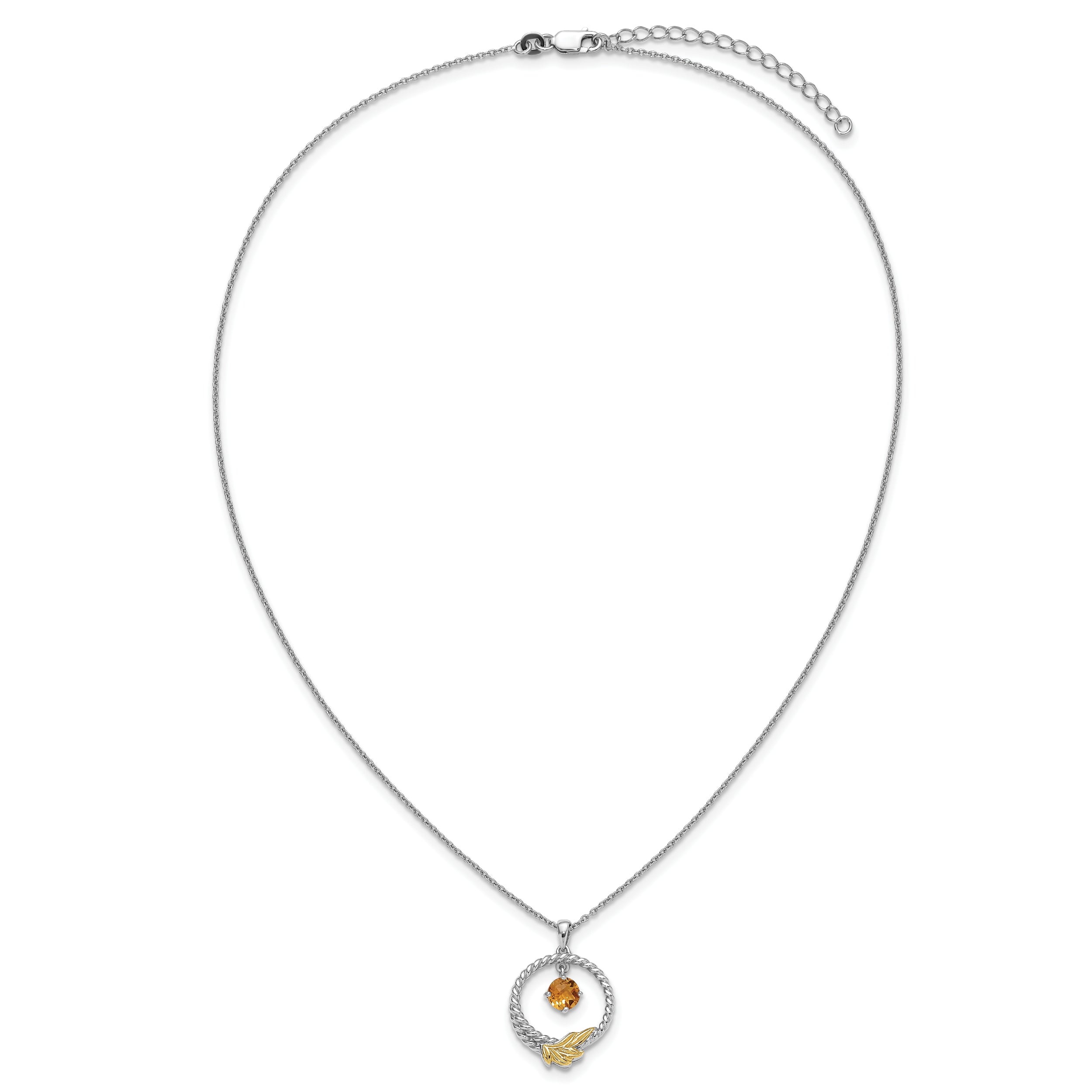 Shey Couture Sterling Silver Rhodium-plated Twisted Circle with 14k Leaf Accent Round Citrine Dangle 18 inch with 2 inch Extension Necklace