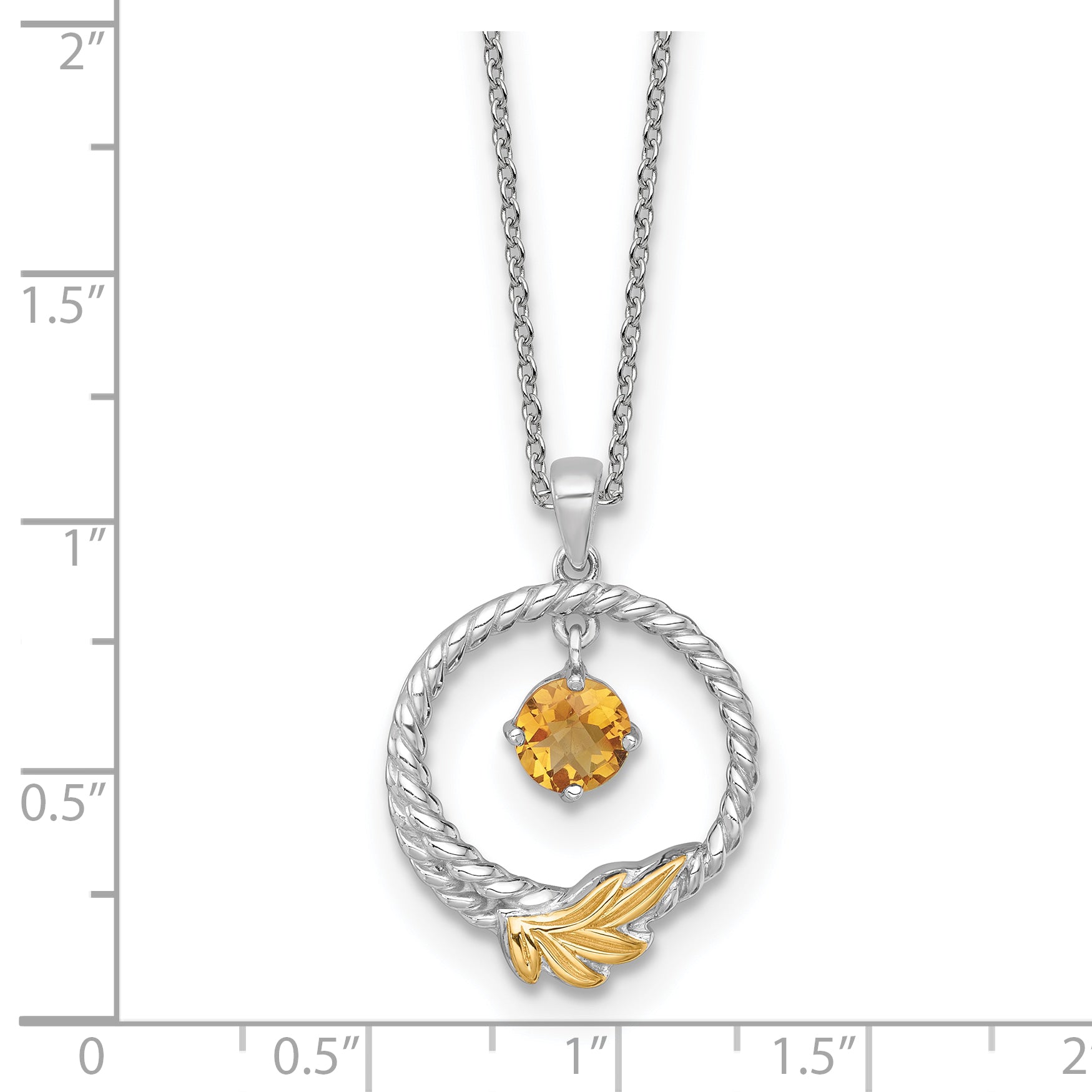 Shey Couture Sterling Silver Rhodium-plated Twisted Circle with 14k Leaf Accent Round Citrine Dangle 18 inch with 2 inch Extension Necklace