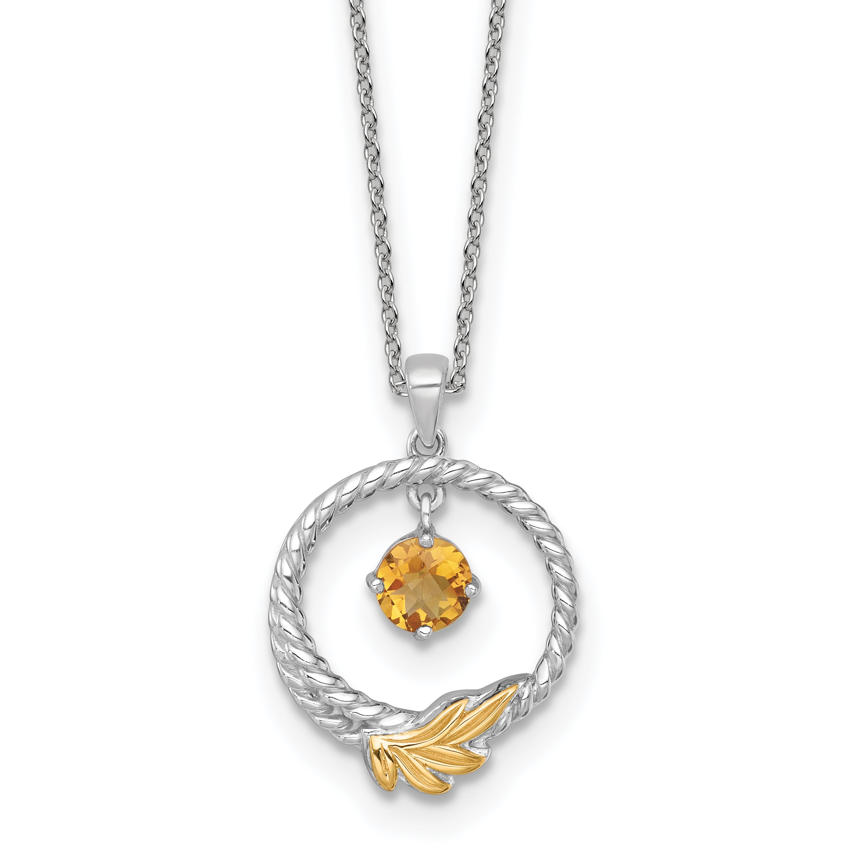 Shey Couture Sterling Silver Rhodium-plated Twisted Circle with 14k Leaf Accent Round Citrine Dangle 18 inch with 2 inch Extension Necklace Main image