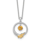 Shey Couture Sterling Silver Rhodium-plated Twisted Circle with 14k Leaf Accent Round Citrine Dangle 18 inch with 2 inch Extension Necklace