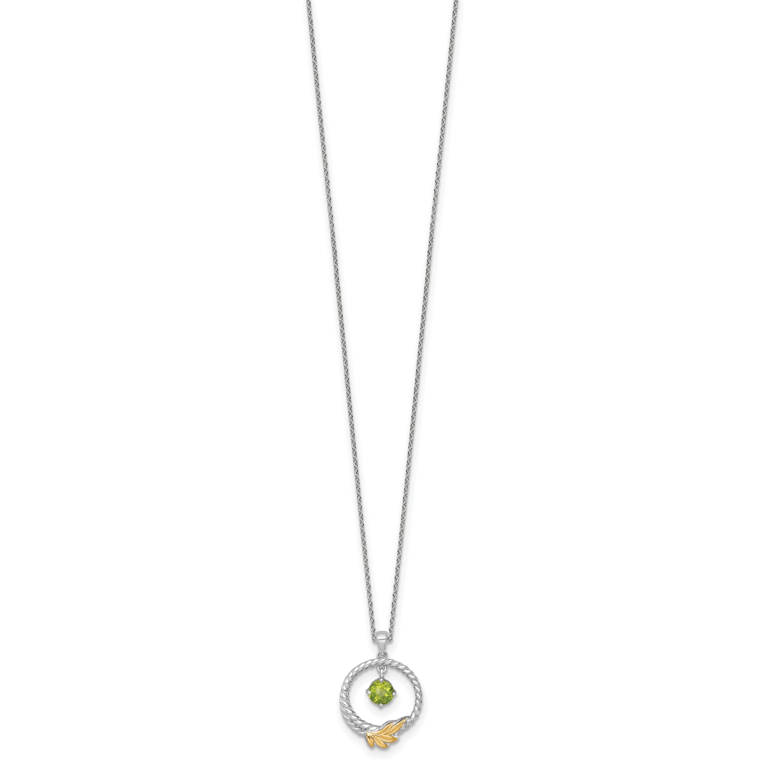 Shey Couture Sterling Silver Rhodium-plated Twisted Circle with 14k Leaf Accent Round Peridot Dangle 18 inch with 2 inch Extension Necklace