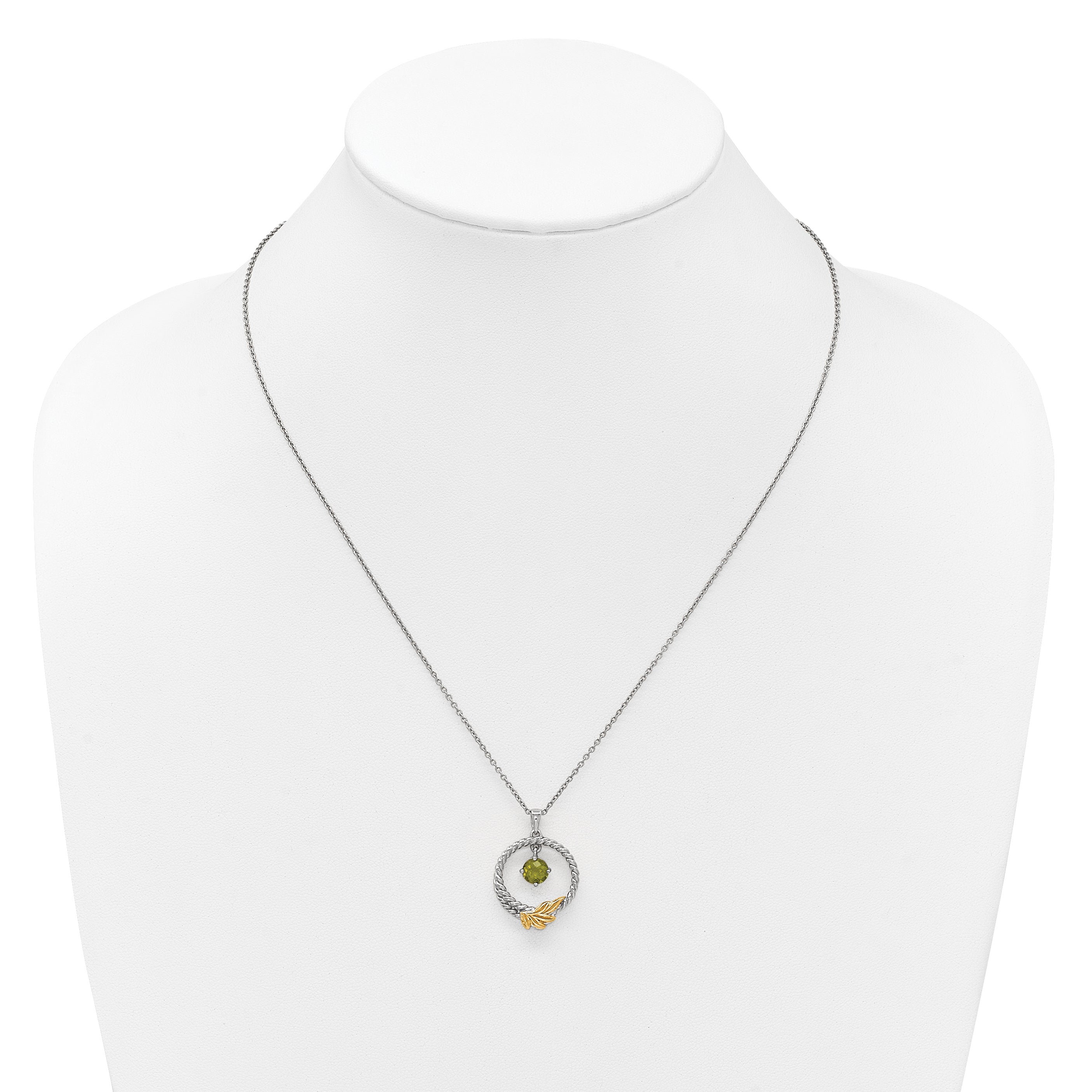 Shey Couture Sterling Silver Rhodium-plated Twisted Circle with 14k Leaf Accent Round Peridot Dangle 18 inch with 2 inch Extension Necklace
