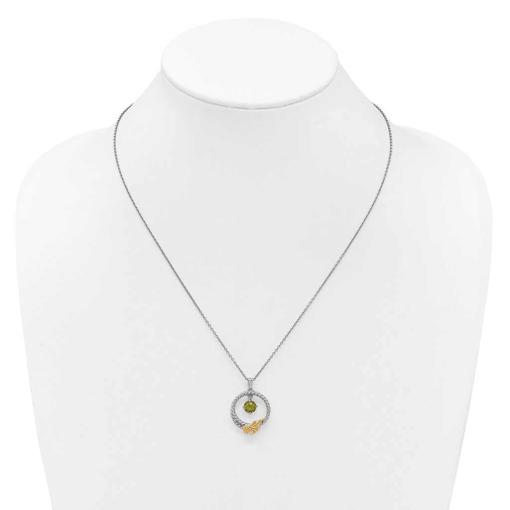 Shey Couture Sterling Silver Rhodium-plated Twisted Circle with 14k Leaf Accent Round Peridot Dangle 18 inch with 2 inch Extension Necklace