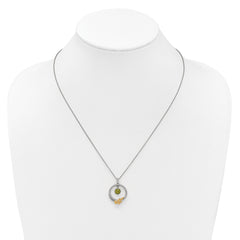 Shey Couture Sterling Silver Rhodium-plated Twisted Circle with 14k Leaf Accent Round Peridot Dangle 18 inch with 2 inch Extension Necklace