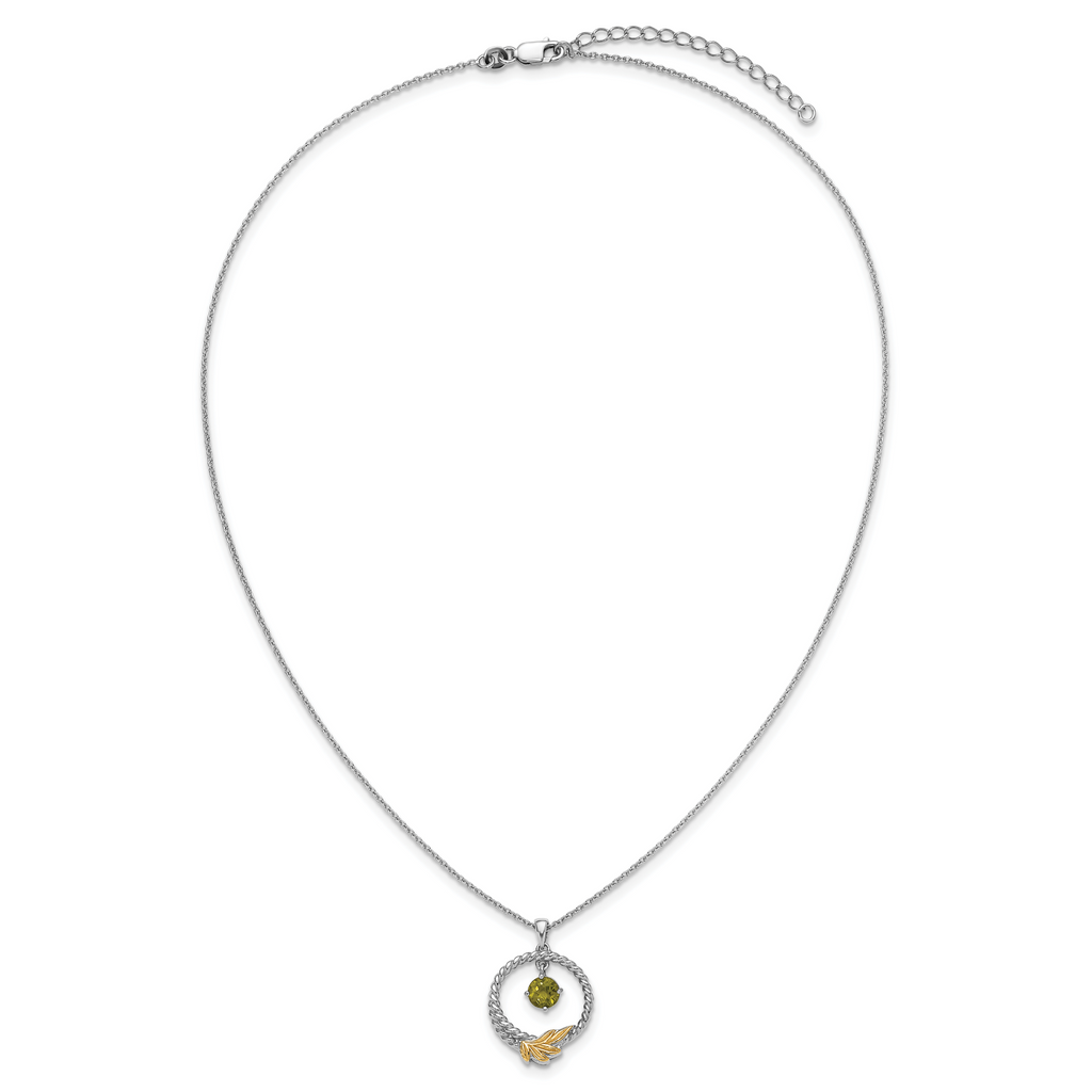 Shey Couture Sterling Silver Rhodium-plated Twisted Circle with 14k Leaf Accent Round Peridot Dangle 18 inch with 2 inch Extension Necklace