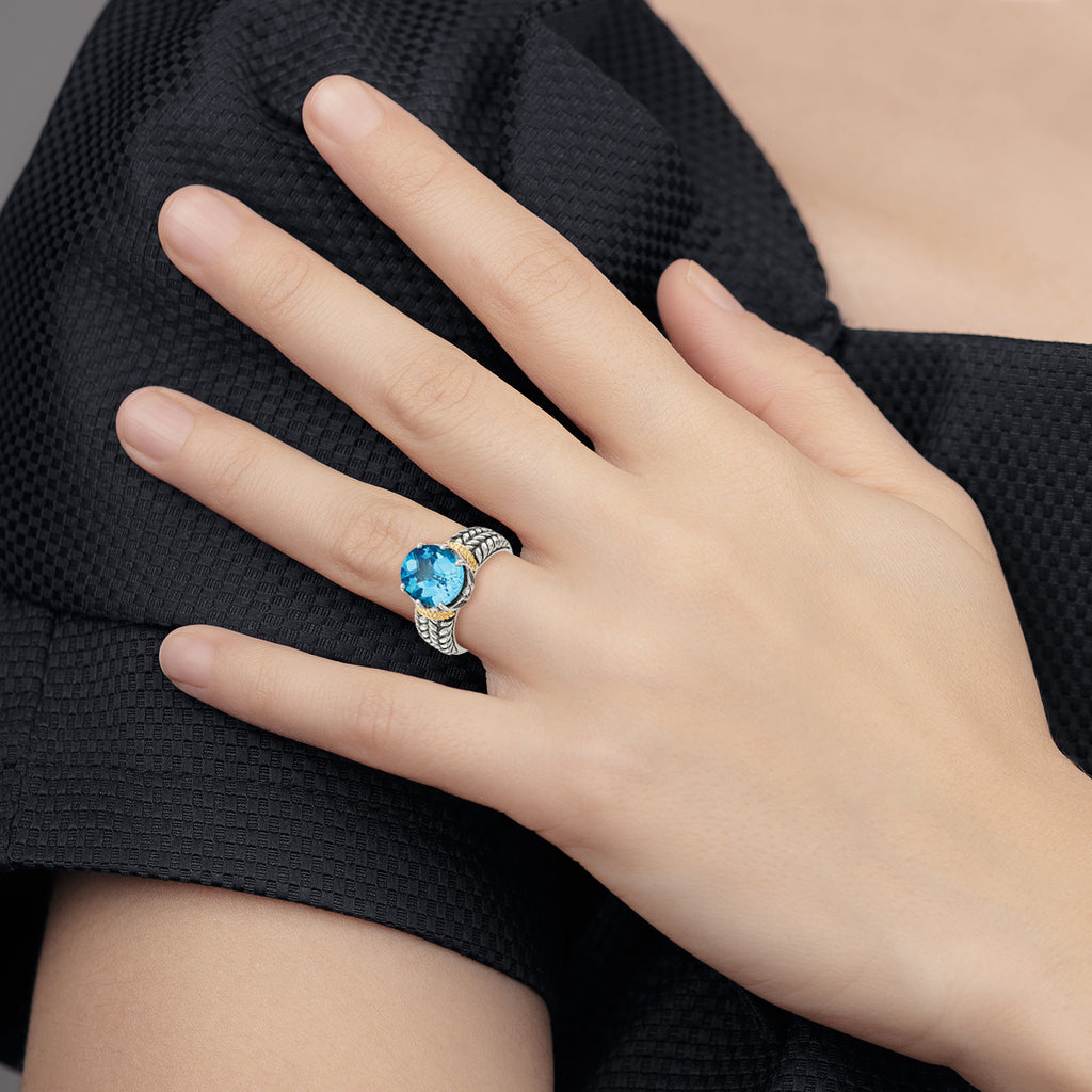 Shey Couture Sterling Silver with 14K Accent Antiqued Oval SwiSterling Silver Blue Topaz Ring