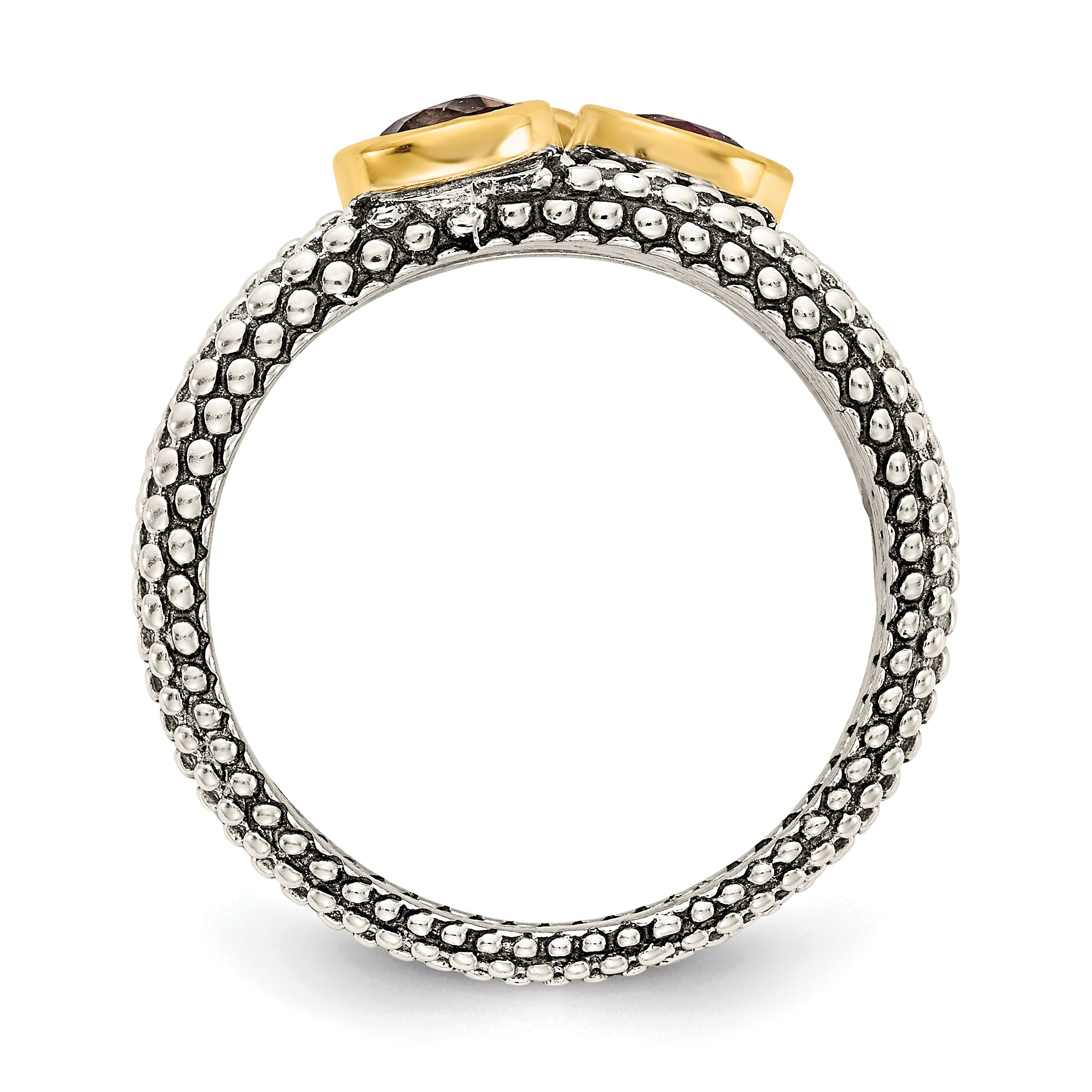 Shey Couture Sterling Silver Gold-tone Flash Gold-plated Antiqued Round Bezel .30Garnet/.20Citrine/.20Smoky Quartz 3 Stackable Rings Secondary image