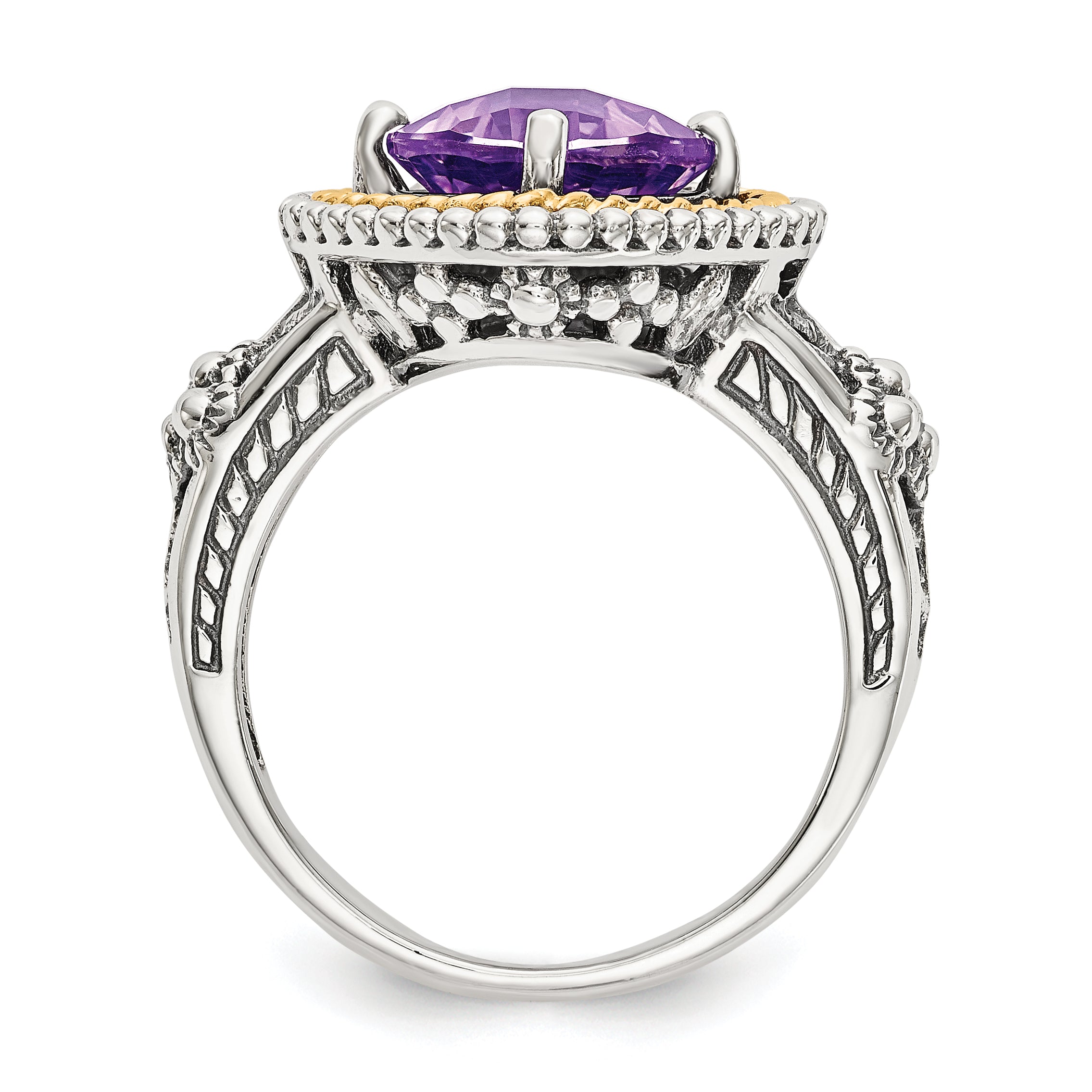 Shey Couture Sterling Silver with 14K Accent Antiqued Checkerboard-cut Cushon Amethyst Ring Secondary image