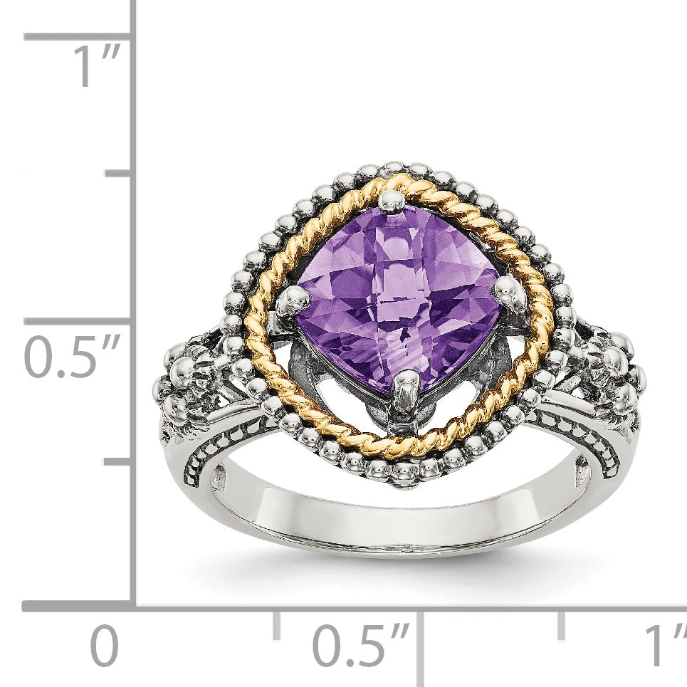Shey Couture Sterling Silver with 14K Accent Antiqued Checkerboard-cut Cushon Amethyst Ring