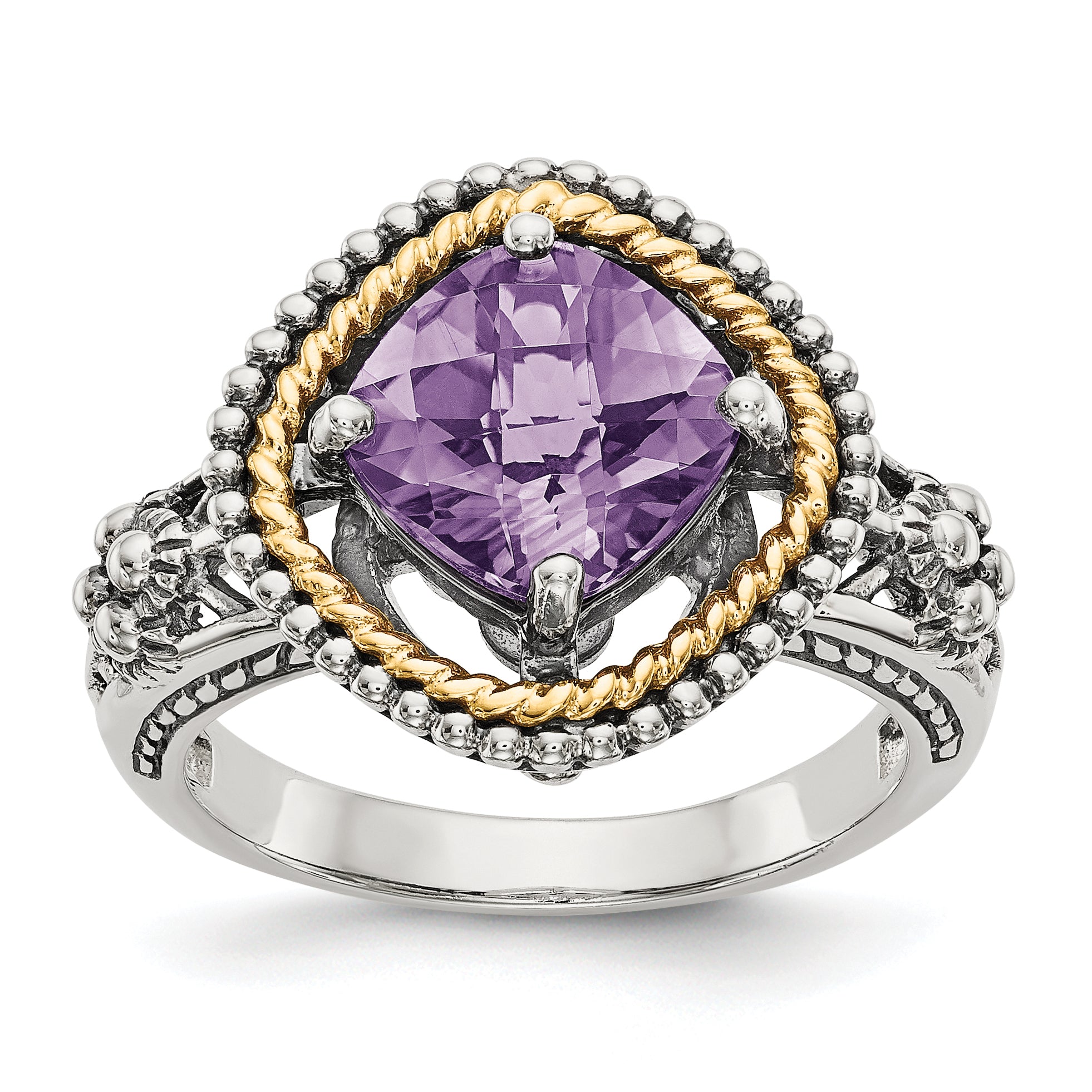 Shey Couture Sterling Silver with 14K Accent Antiqued Checkerboard-cut Cushon Amethyst Ring Main image