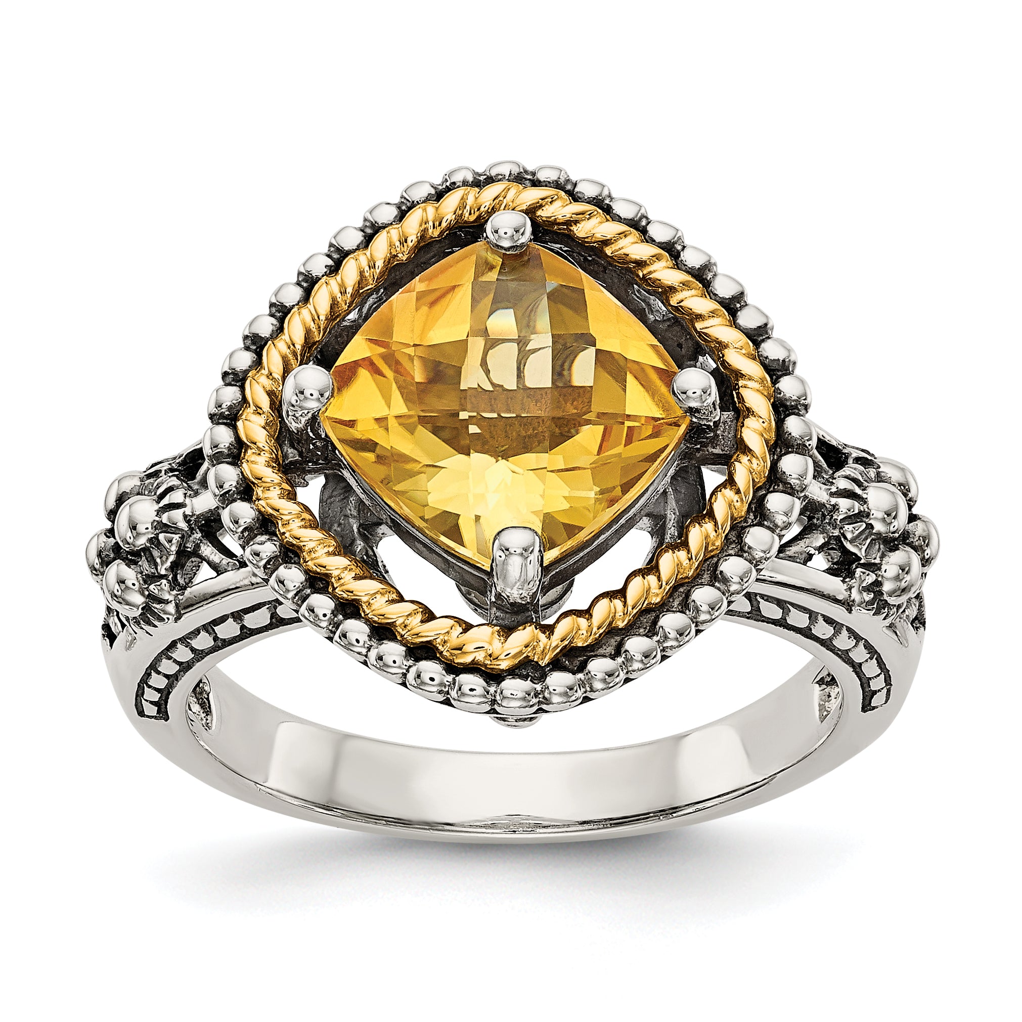 Shey Couture Sterling Silver with 14K Accent Antiqued Cushion Citrine Ring Main image