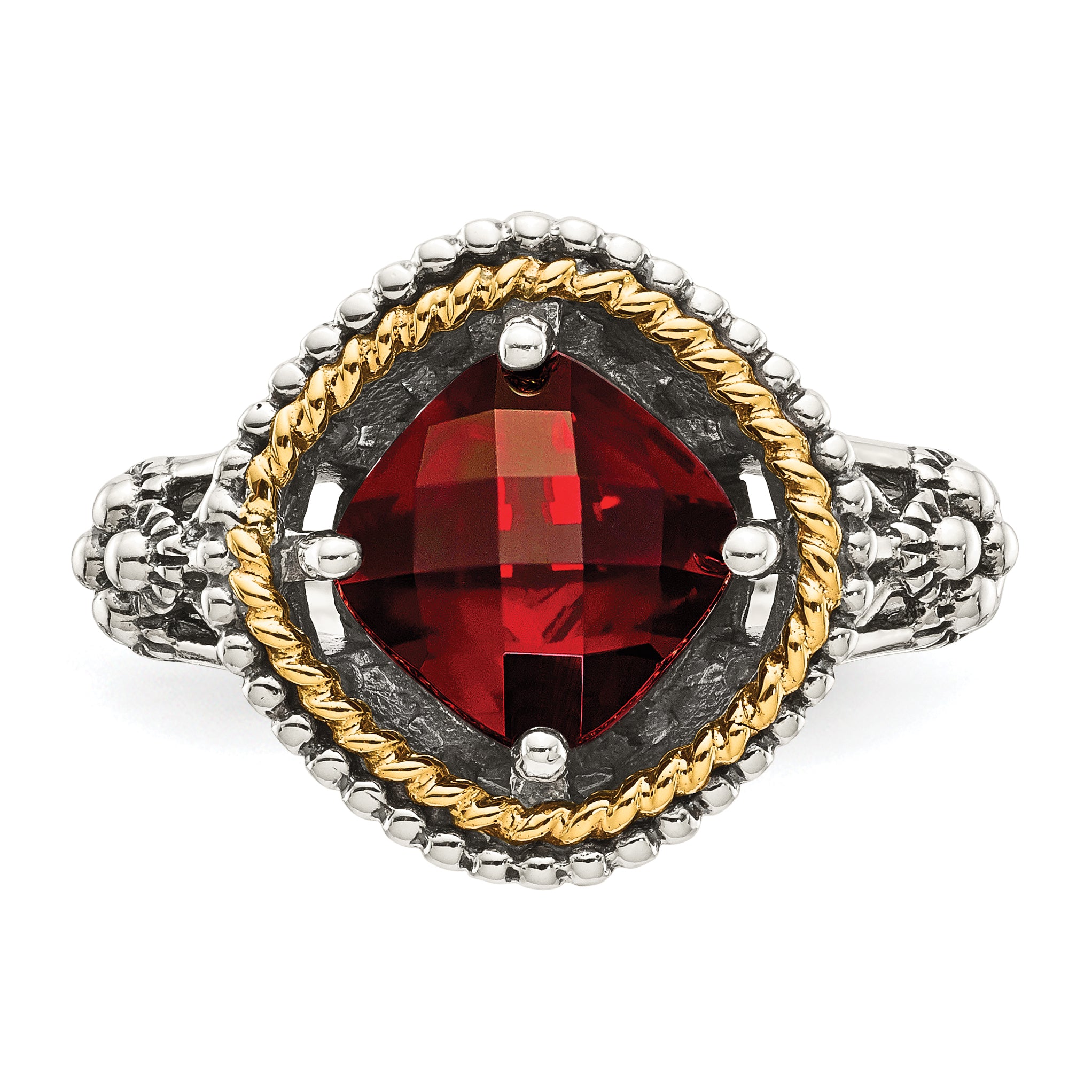 Shey Couture Sterling Silver with 14K Accent Antiqued Checkerboard Cushion Garnet Ring