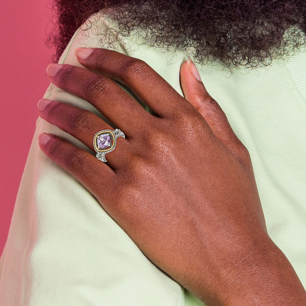 Shey Couture Sterling Silver with 14K Accent Antiqued Cushion Pink Quartz Ring