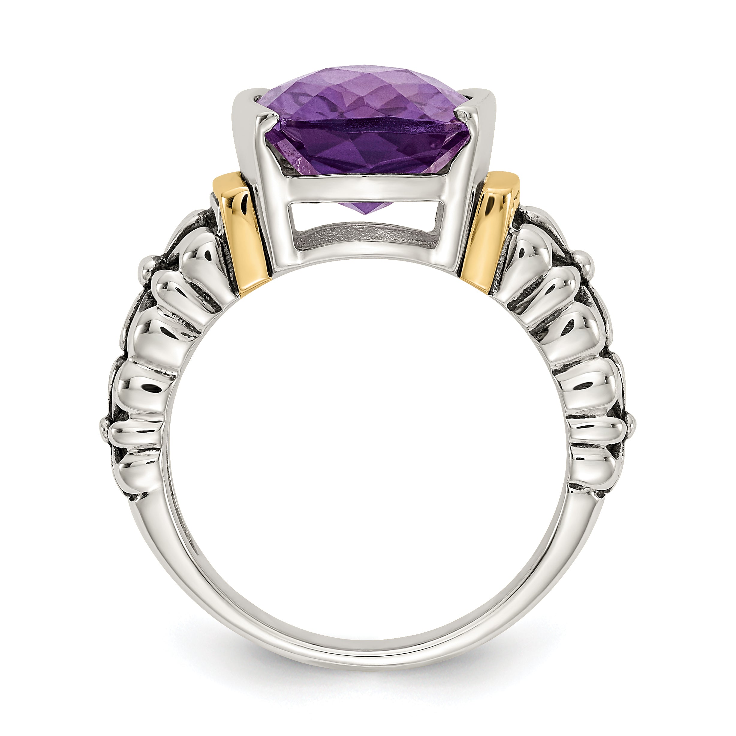 Shey Couture Sterling Silver with 14K Accent Antiqued Checkerboard-cut Cushion Chanel-set Amethyst Ring Secondary image