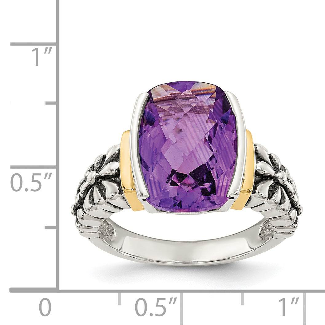 Shey Couture Sterling Silver with 14K Accent Antiqued Checkerboard-cut Cushion Chanel-set Amethyst Ring