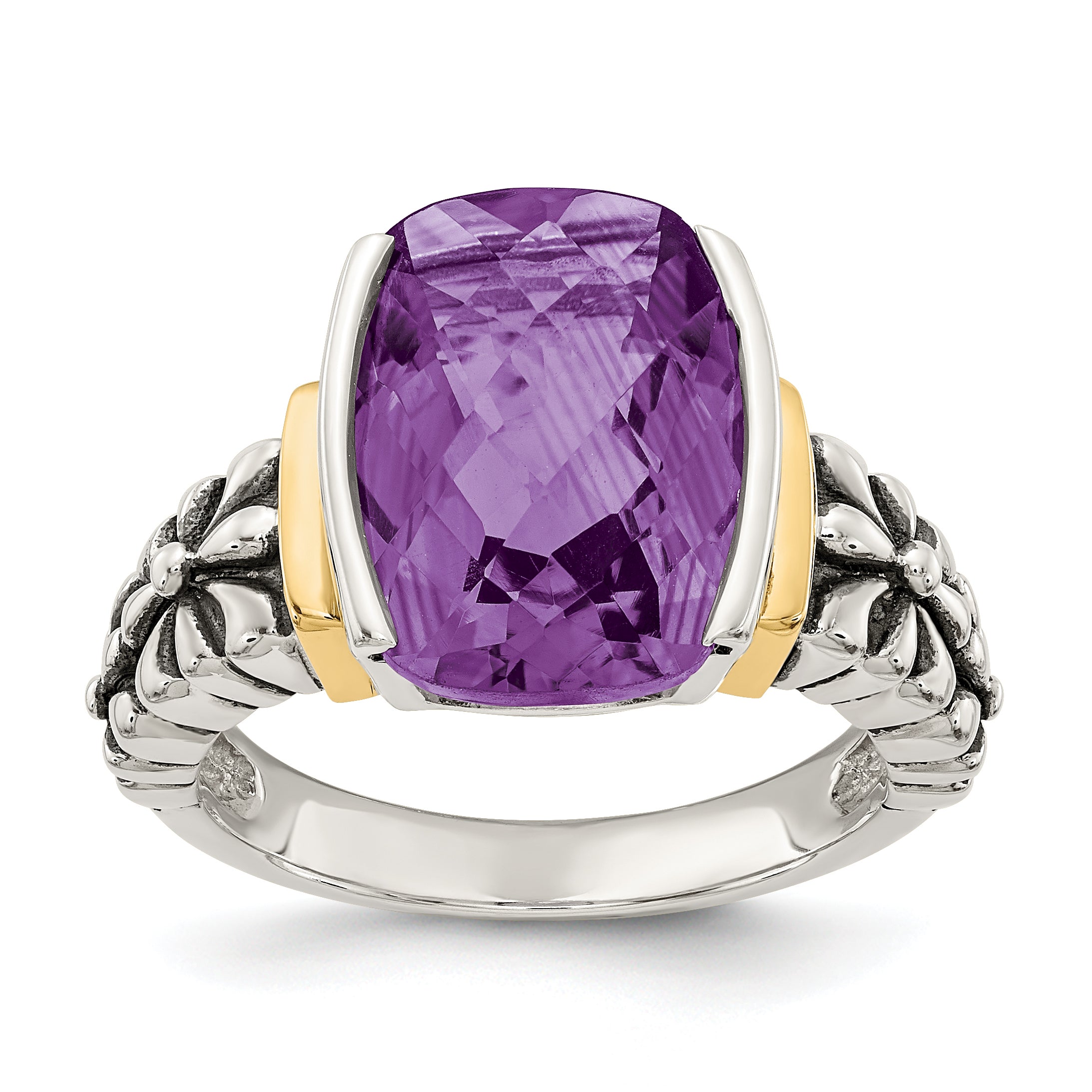 Shey Couture Sterling Silver with 14K Accent Antiqued Checkerboard-cut Cushion Chanel-set Amethyst Ring