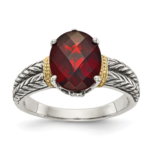 Shey Couture Sterling Silver with 14K Accent Antiqued Oval Garnet Ring, Size 6–8 - Sophia Jewelers