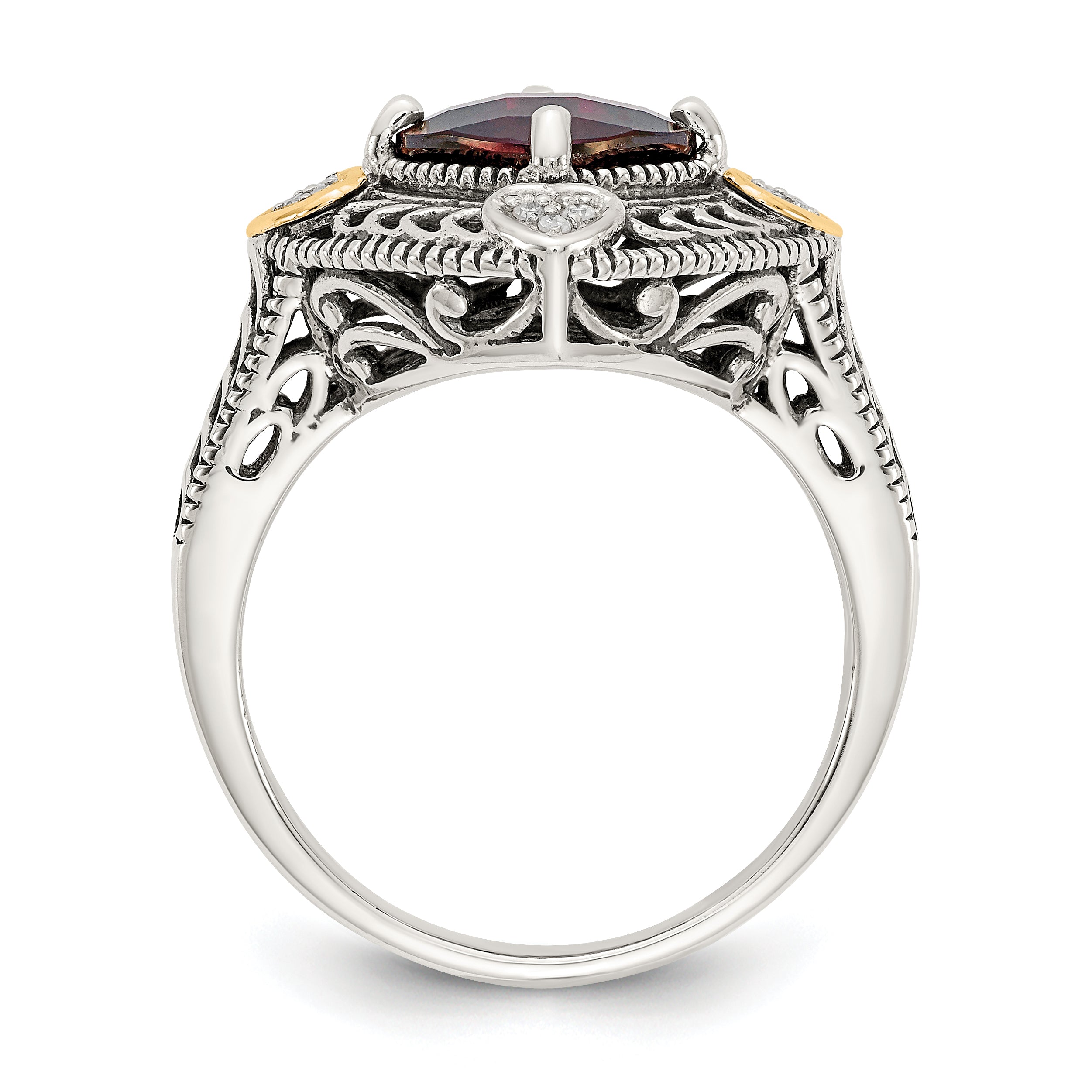 Shey Couture Sterling Silver with 14K Accent Antiqued Diamond and Checkerboard Cushion Garnet Ring Secondary image