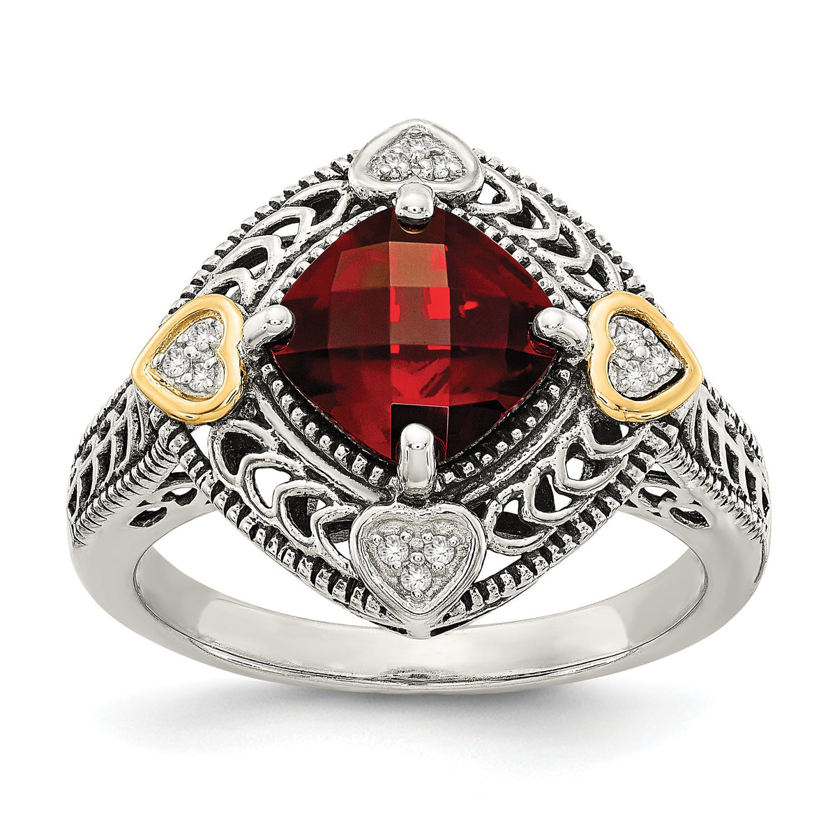 Cushion Diamond and Checkerboard Garnet Ring in Sterling Silver (0.06 ct. tw.), Size 6–8 - Sophia Jewelers Main image