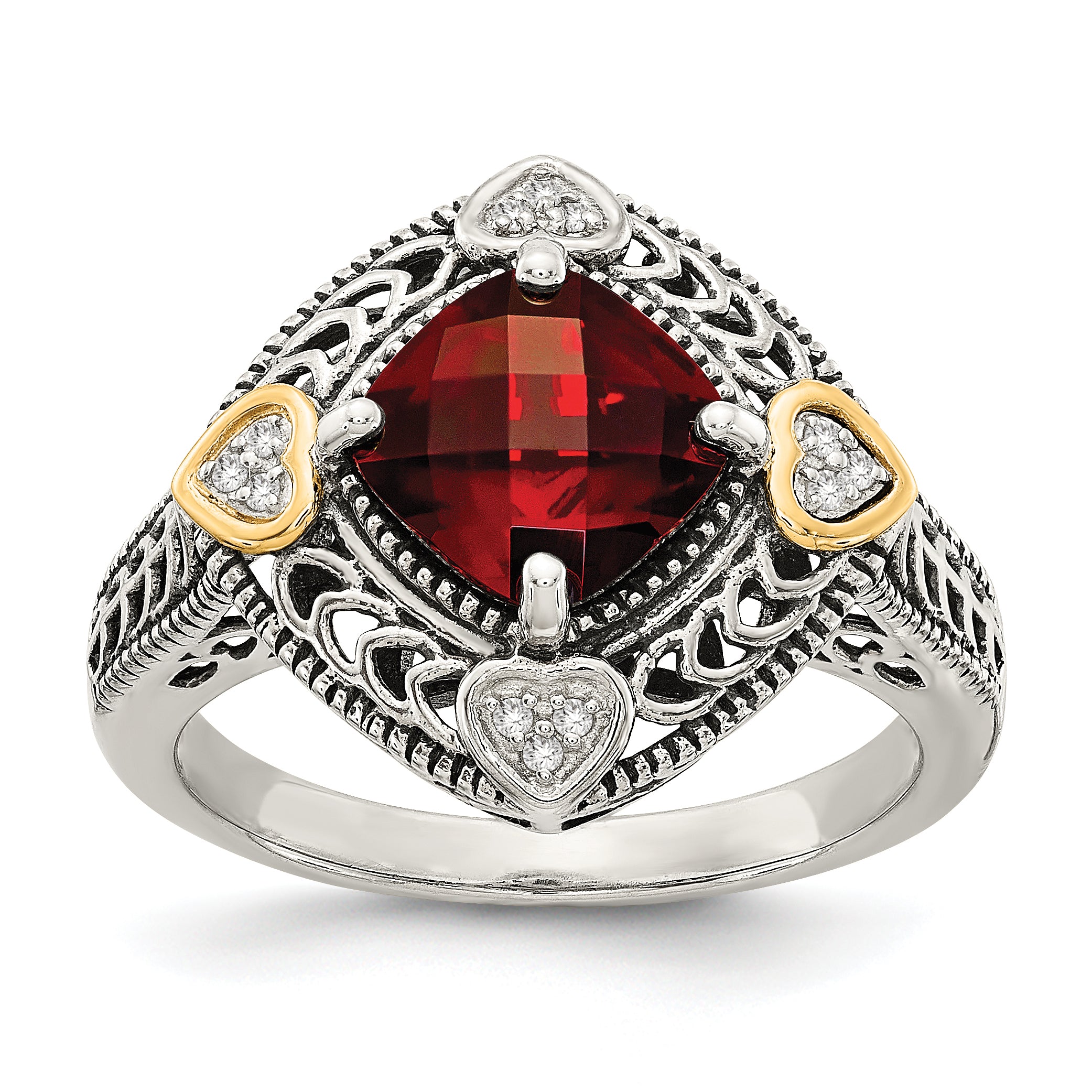 Shey Couture Sterling Silver with 14K Accent Antiqued Diamond and Checkerboard Cushion Garnet Ring Main image