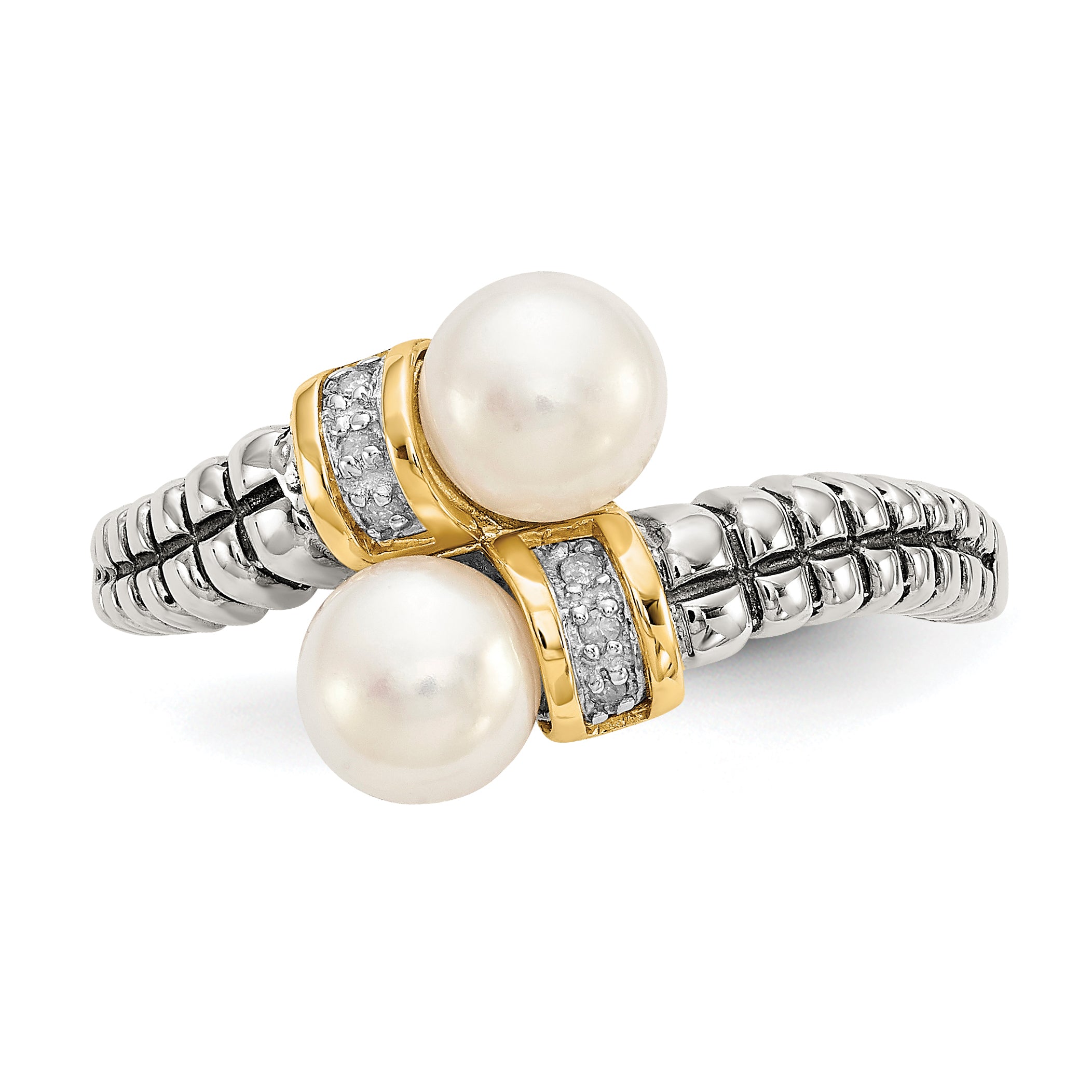 Shey Couture Sterling Silver with 14K Accent Antiqued 5.5-6mm Freshwater Cultured Pearl and Diamond By-Pass Ring