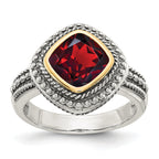 Shey Couture Sterling Silver with 14K Accent Antiqued Cushion Bezel Garnet Ring