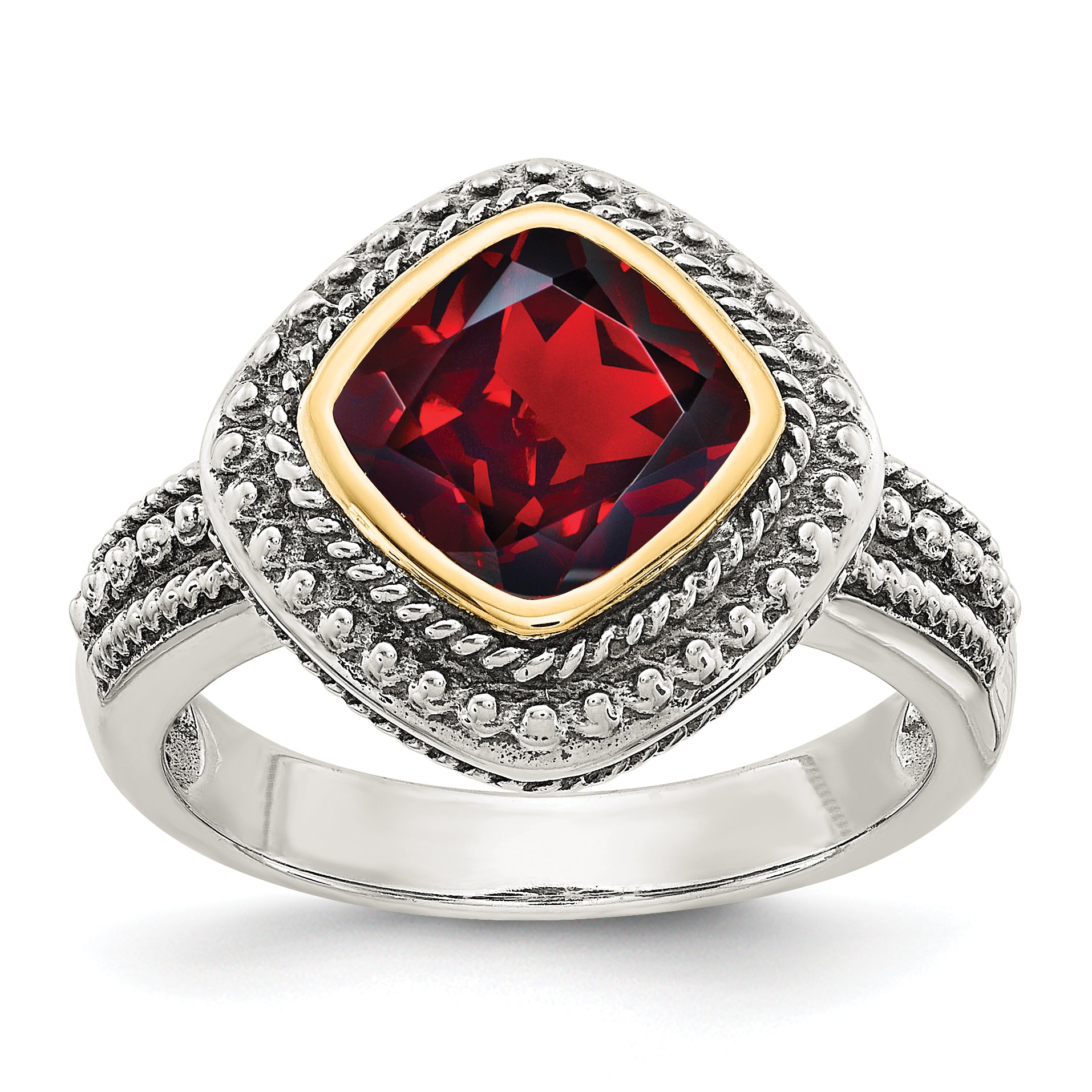 Shey Couture Sterling Silver with 14K Accent Antiqued Cushion Bezel Garnet Ring