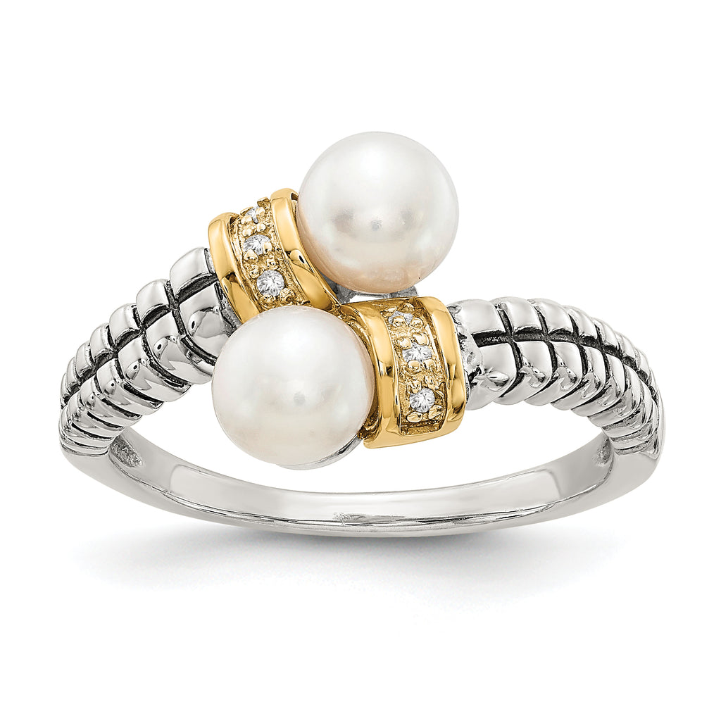 Shey Couture Sterling Silver with 14K Accent Antiqued 5.5-6mm Freshwater Cultured Pearl and Diamond By-PaSterling Silver Ring