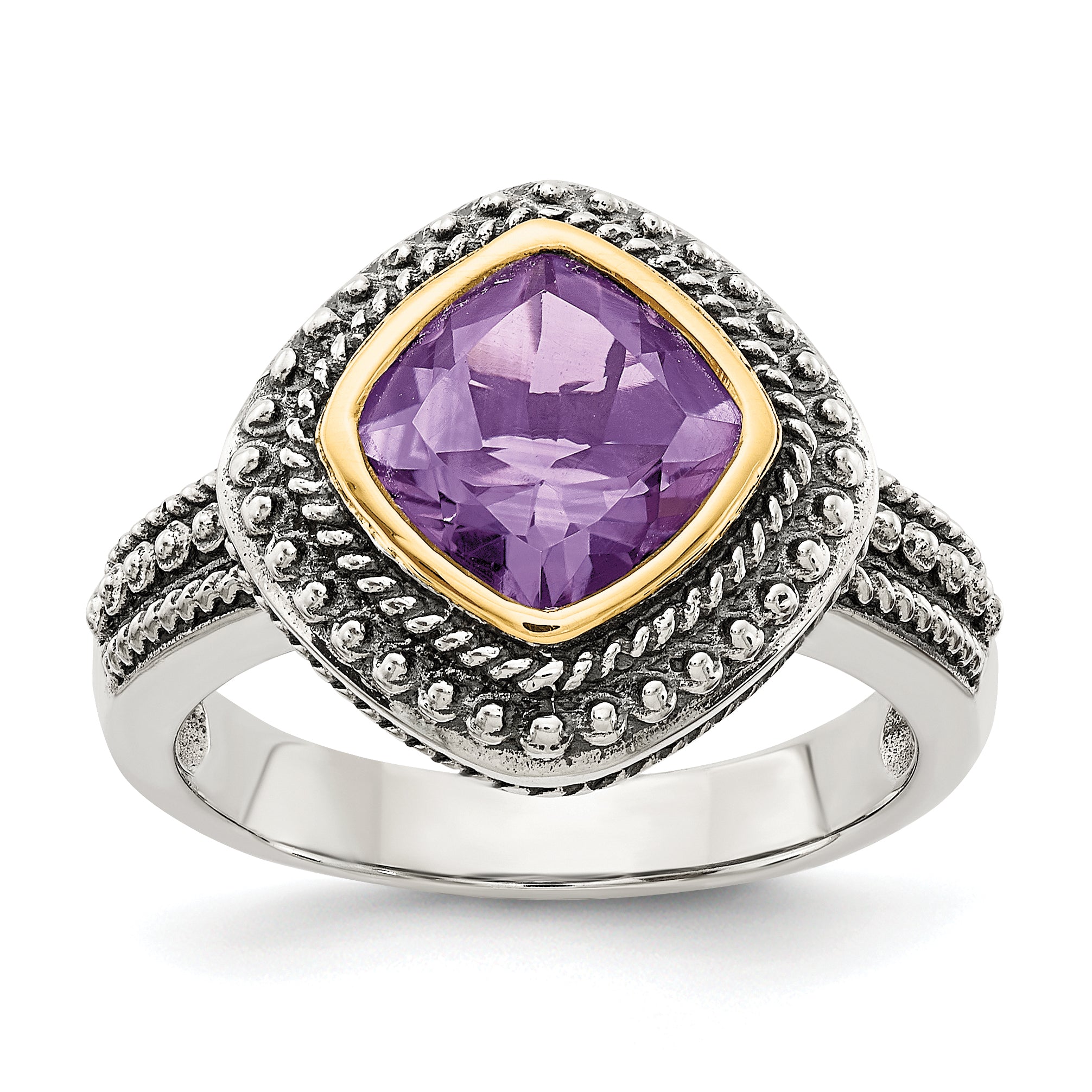 Shey Couture Sterling Silver with 14K Accent Antiqued Cushion Bezel Amethyst Ring Main image