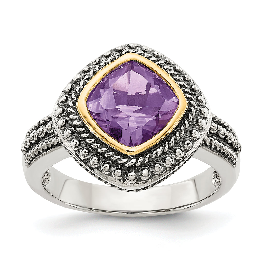 Shey Couture Sterling Silver with 14K Accent Antiqued Cushion Bezel Amethyst Ring