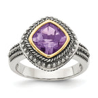 Shey Couture Sterling Silver with 14K Accent Antiqued Cushion Bezel Amethyst Ring