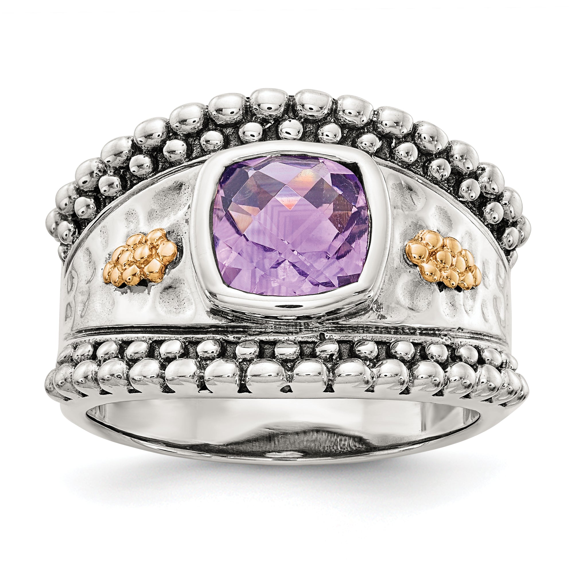 Shey Couture Sterling Silver with 14K Accent Antiqued Checkerboard-cut Cushion Bezel Amethyst Ring Main image